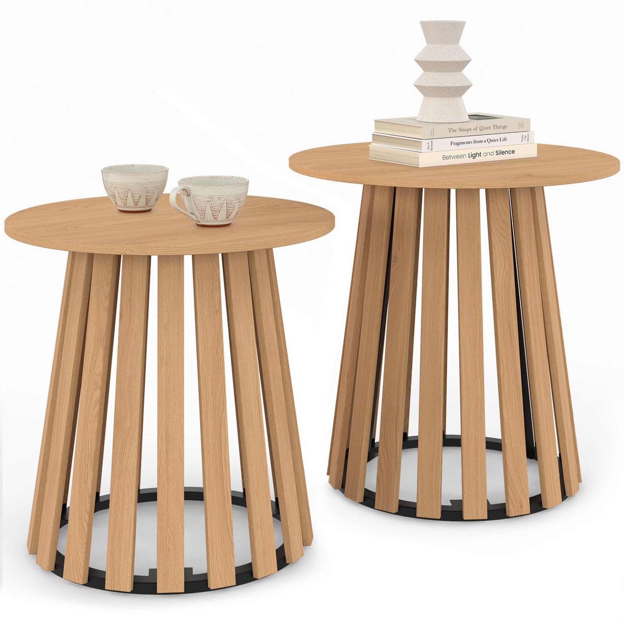 ID MARKET Lot de 2 tables d'appoint rondes, bouts de canapé, tables de chevet carmen 40/45 cm pied bois en lattes et plateau bois