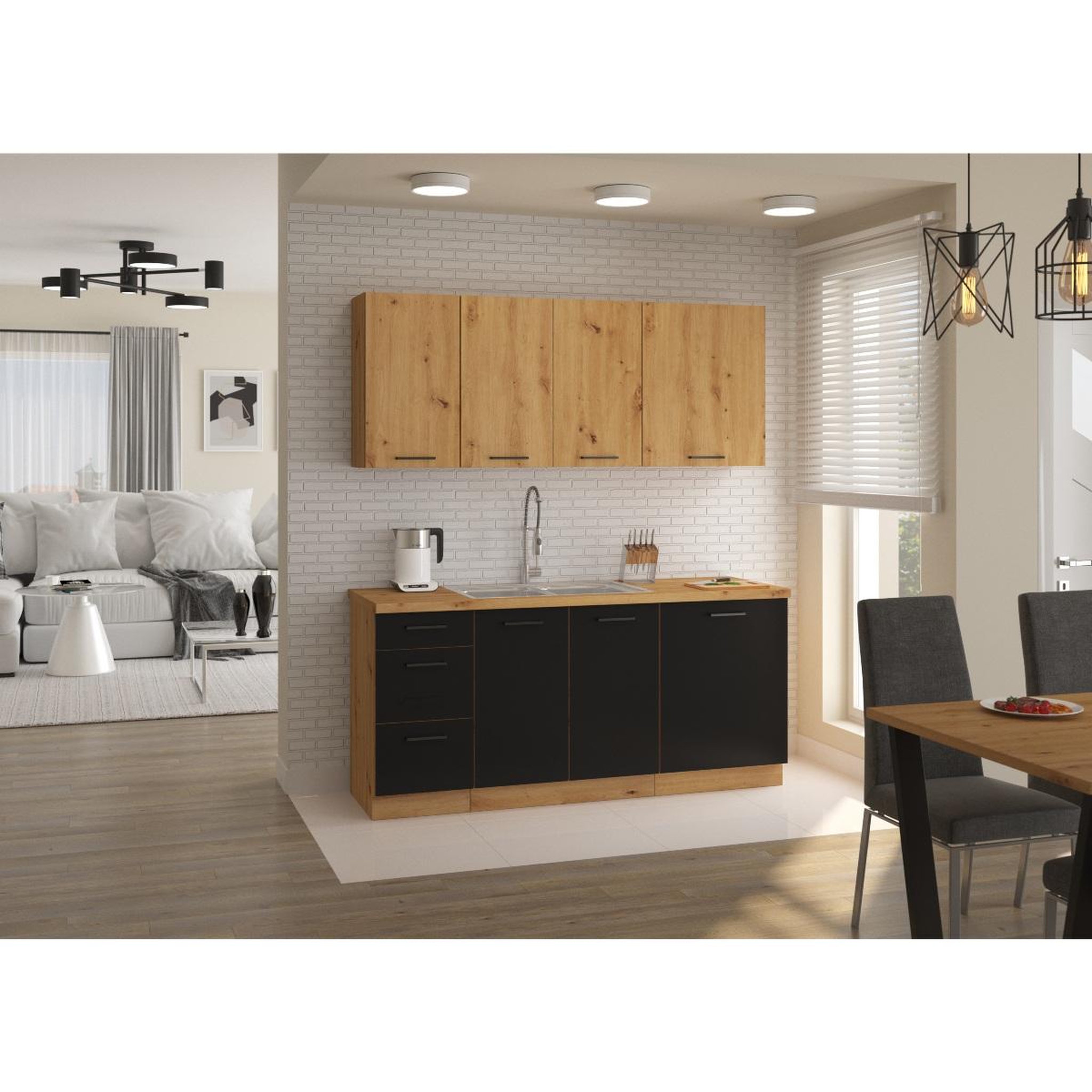 Voir la diapositive 4 : JLC KREATION Cuisine complète moderne noir et bois 180cm ODESSA