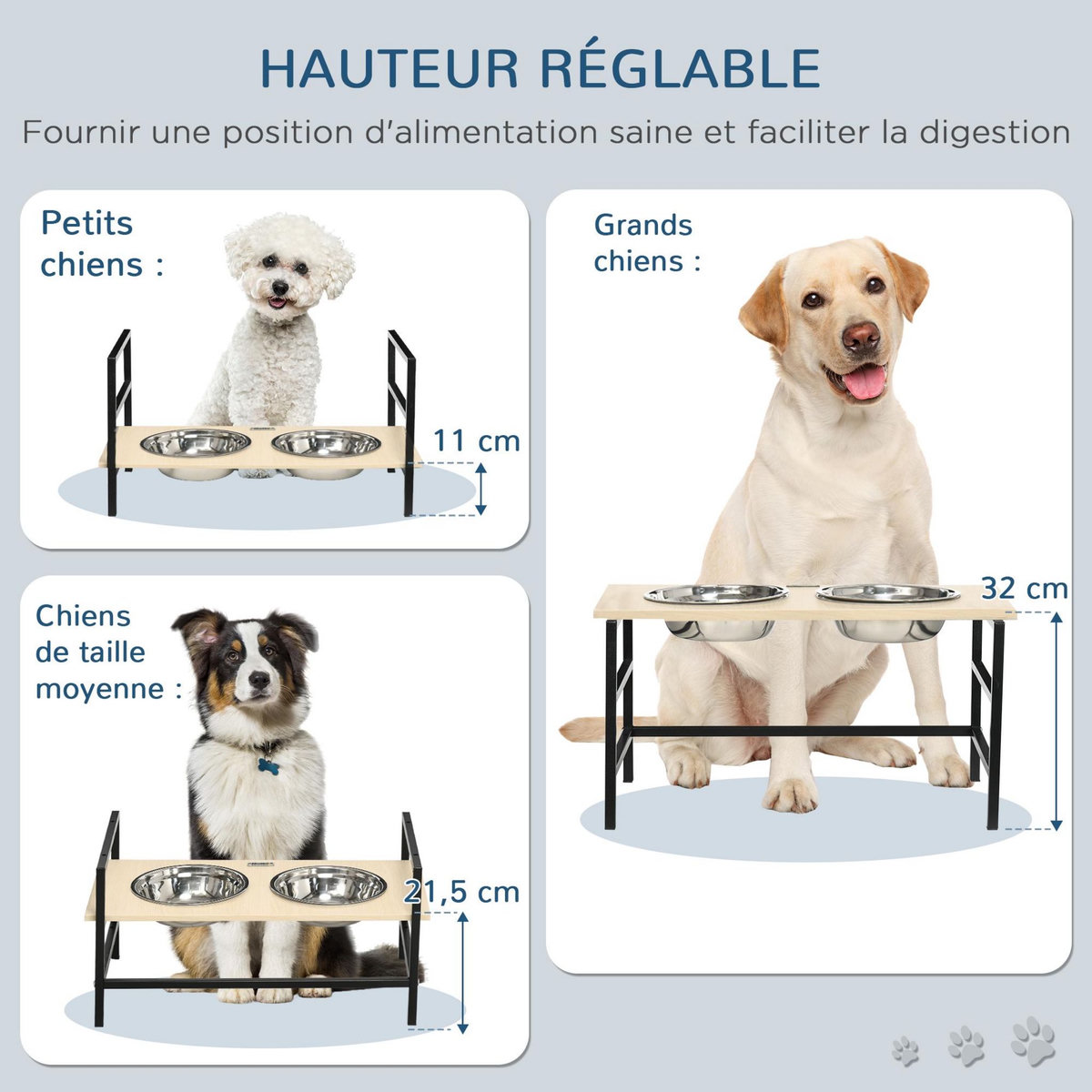 PAWHUT Gamelle double chien porte-gamelles surélevé réglable 2 gamelles acier inox et tapis inclus acier noir aspect bois clair