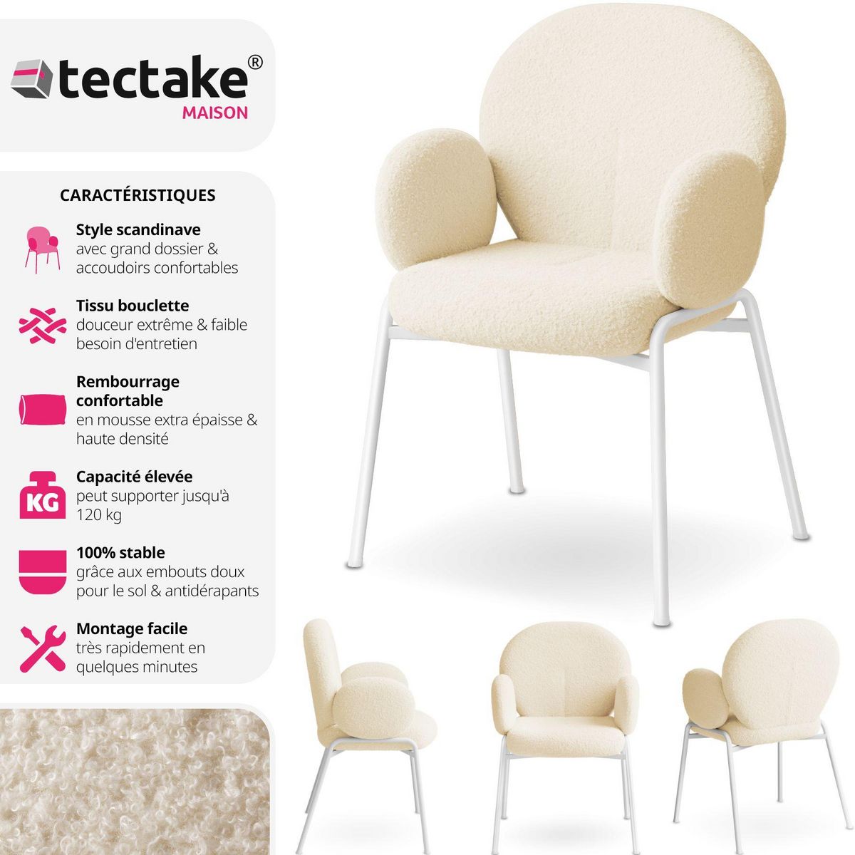 tectake Chaise rembourrée avec revêtement en tissu bouclette crème Lot de 2