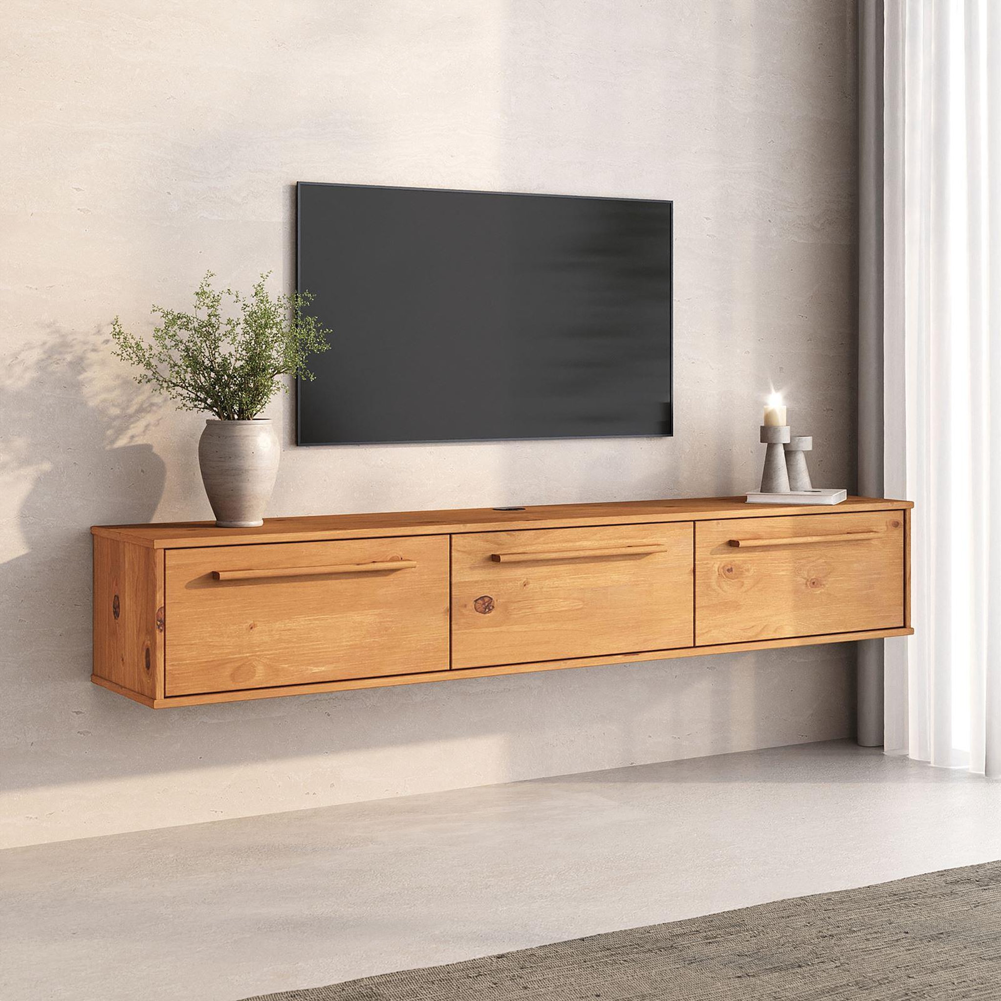 Voir la diapositive 3 : IDIMEX Meuble tv suspendu tecca l 180 cm 3 portes en bois massif