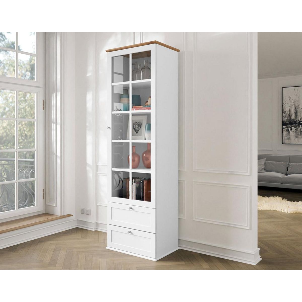BEST MOBILIER Francesco - vitrine - effet bois et blanc - 2 tiroirs et 1 porte - 201 cm