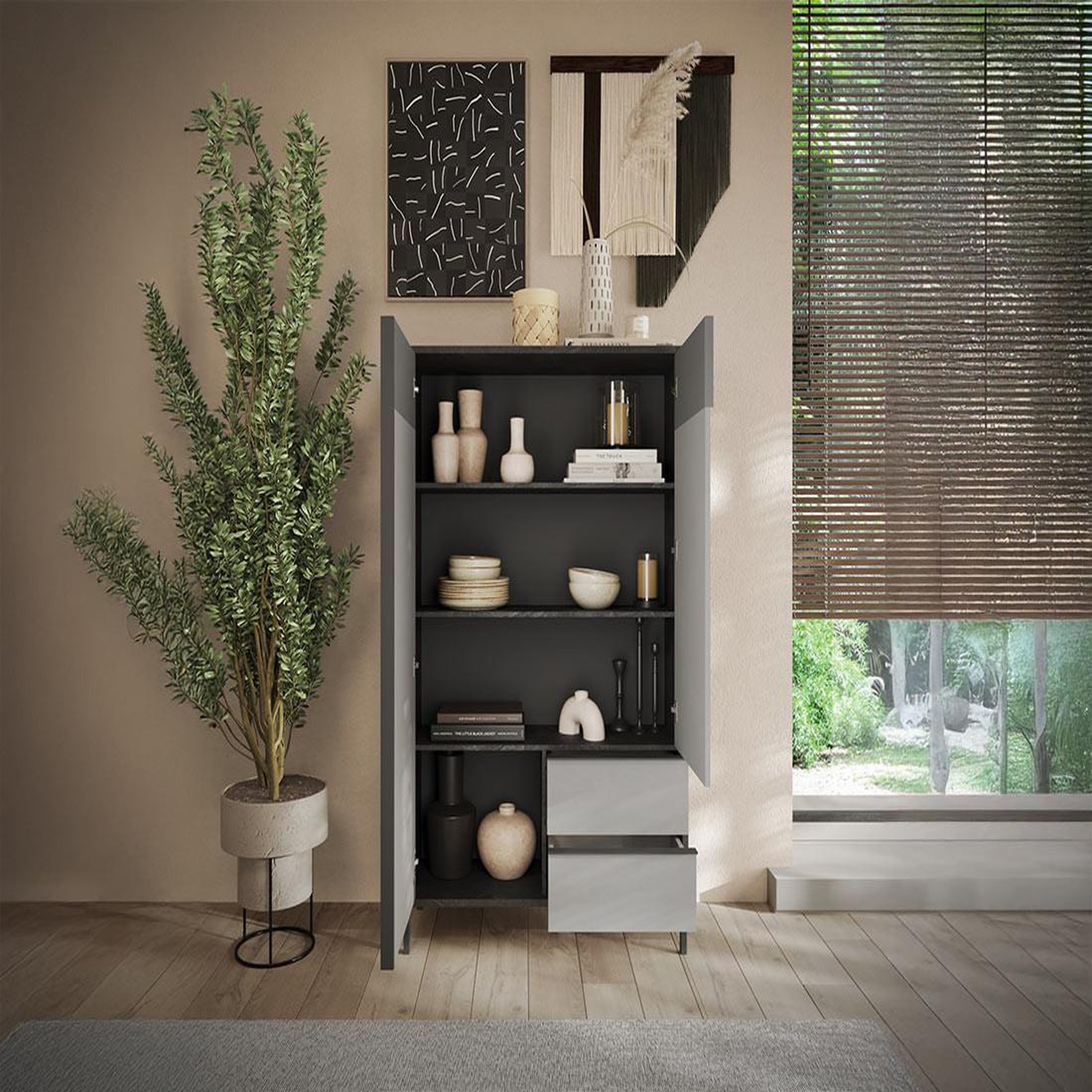 Voir la diapositive 3 : BEST MOBILIER Jules - buffet haut - 2 portes et 2 étagères - 106x177 cm