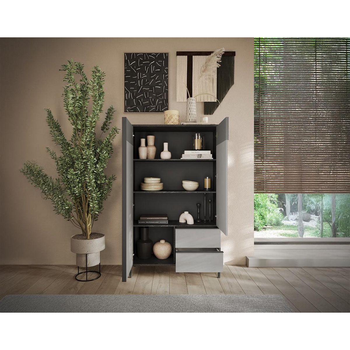 BEST MOBILIER Jules - buffet haut - 2 portes et 2 étagères - 106x177 cm