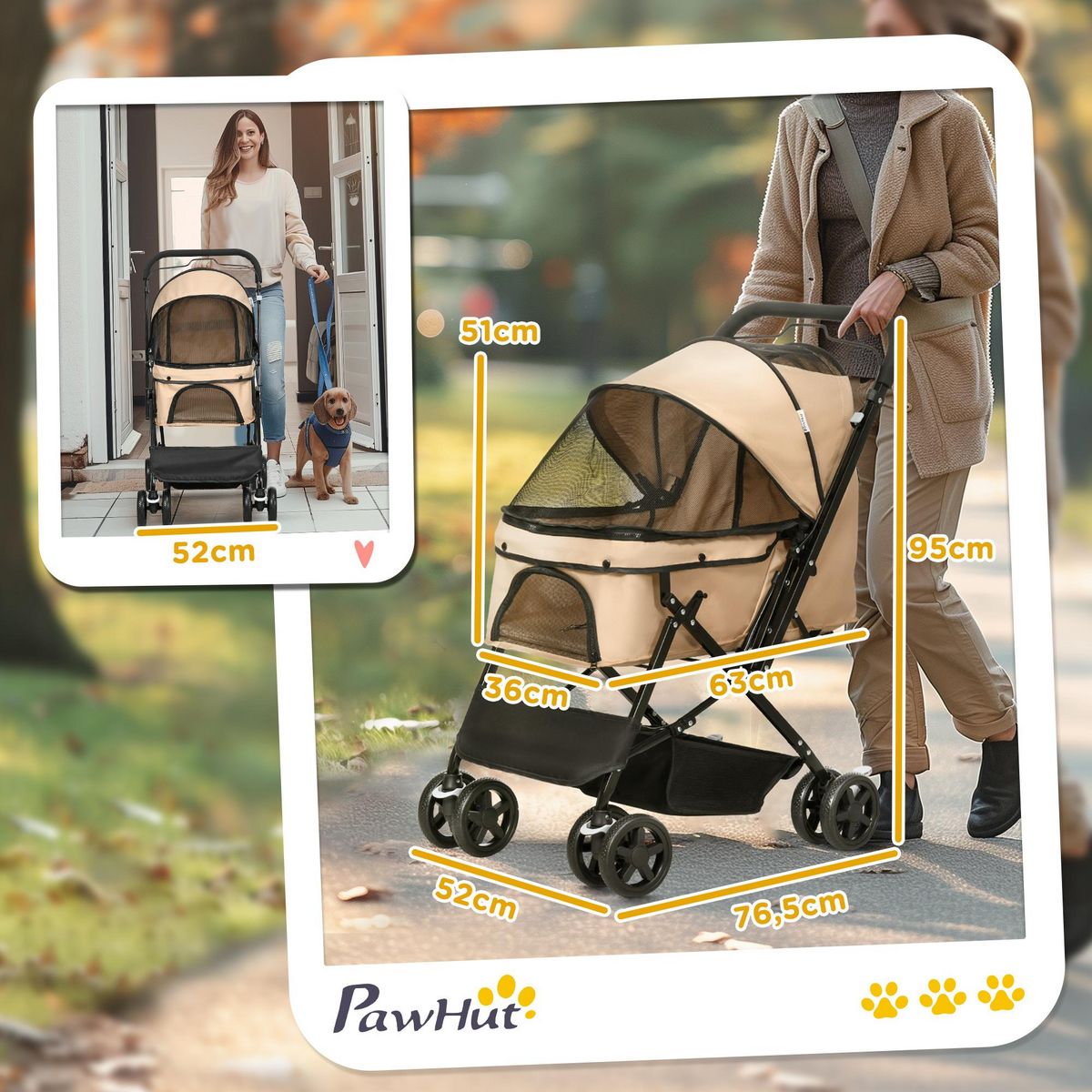 PAWHUT Poussette buggy pliable chien chat panier et sac de rangement attaches sécurité housse réglable poignée réglable acier Oxford beige