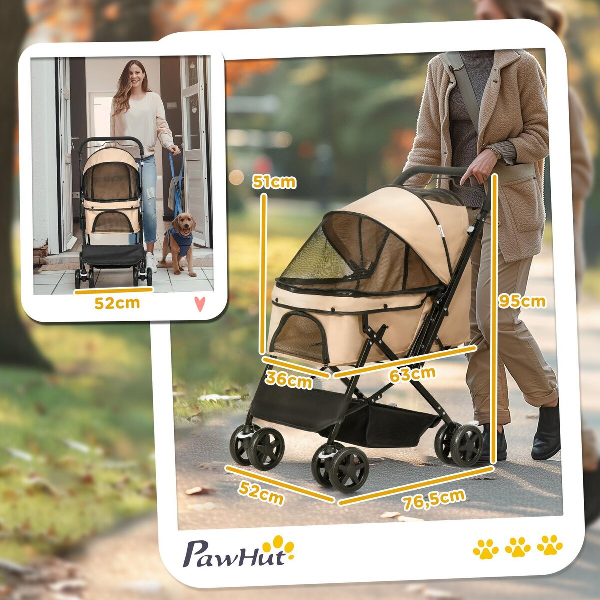 PAWHUT Poussette buggy pliable chien chat panier et sac de rangement attaches sécurité housse réglable poignée réglable acier Oxford beige