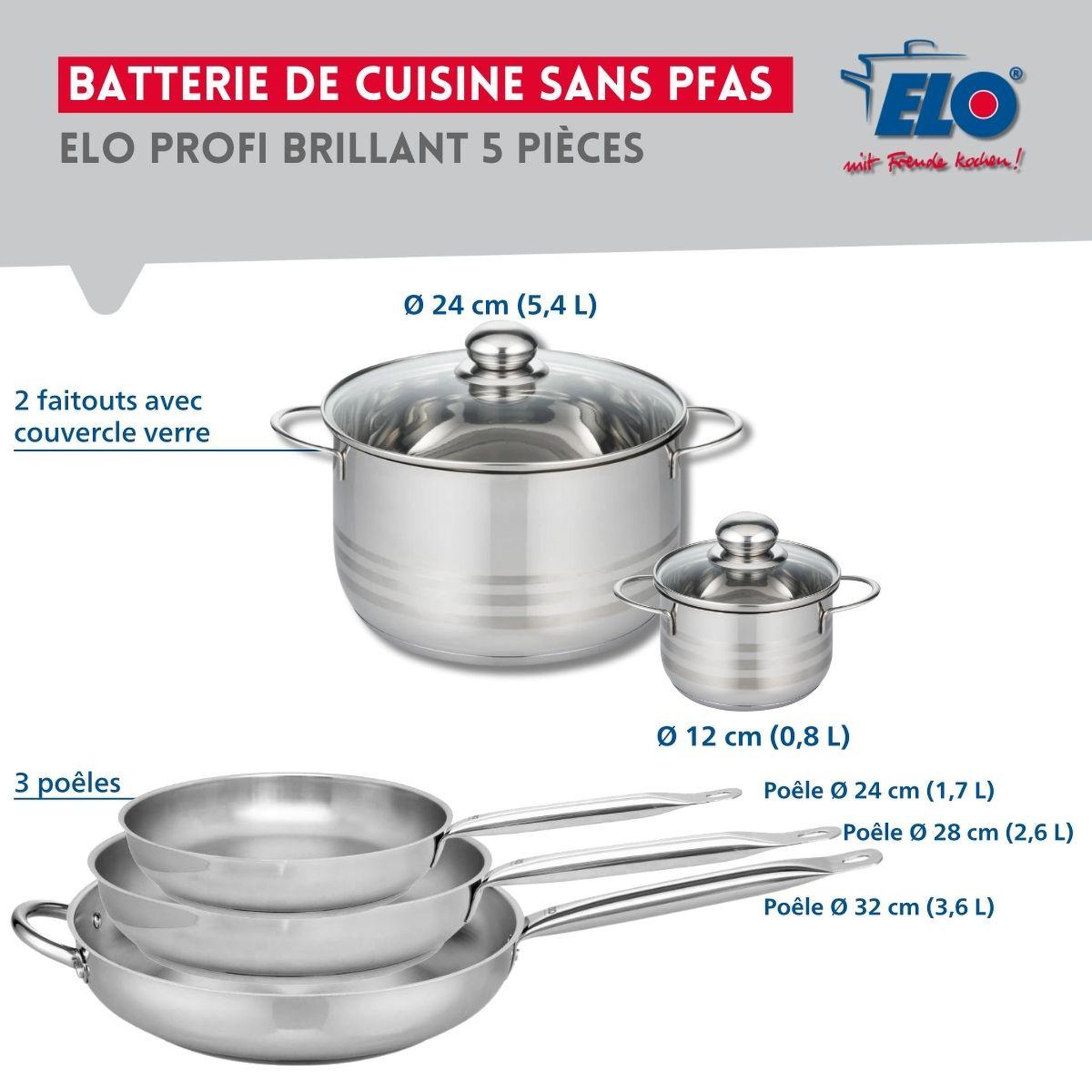 Voir la diapositive 2 : ELO Ensemble de 3 poêles de cuisson 24, 28 et 32 cm et 2 faitouts 12 et 24 cm elo profi brillant