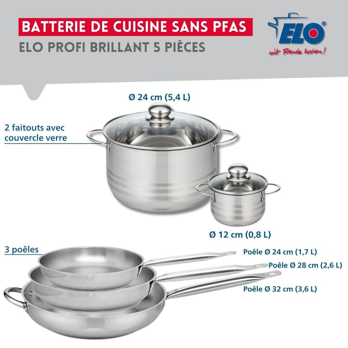 ELO Ensemble de 3 Poêles de cuisson 24, 28 et 32 cm et 2 faitouts 12 et 24 cm Elo Profi Brillant