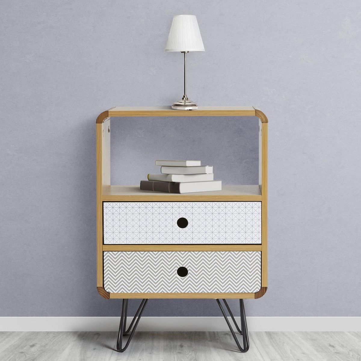 VS VENTA-STOCK Table Chevet Buda 2 Tiroirs, Couleur chêne, Jambes en métal en Noir