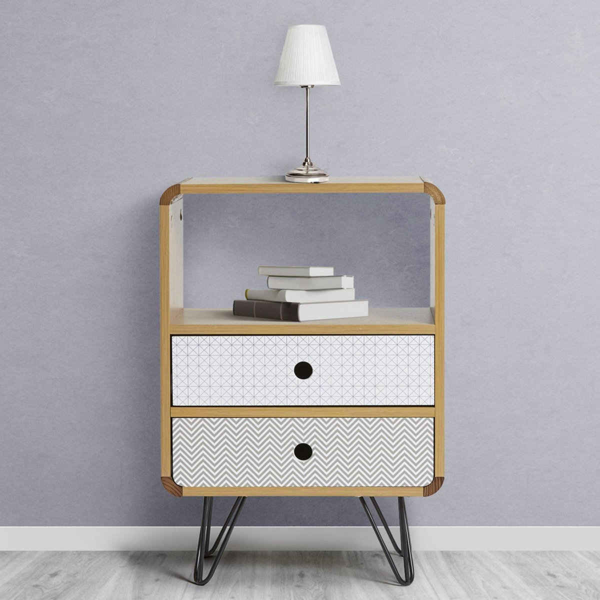 VS VENTA-STOCK Table Chevet Buda 2 Tiroirs, Couleur chêne, Jambes en métal en Noir