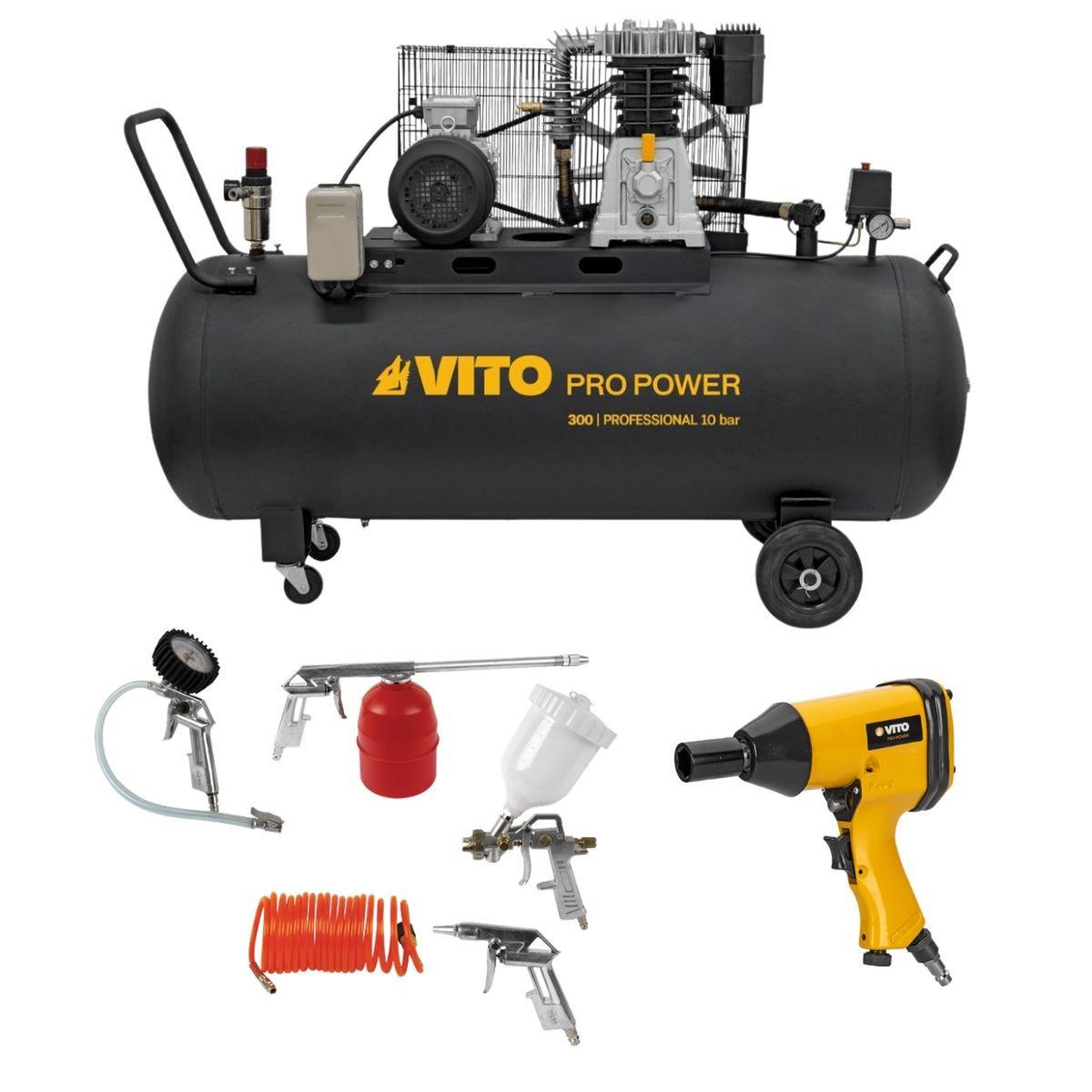 VITO Compresseur d'air 300l 10bar 500l/min + clé à choc pneumatique 310nm + outils de gonflage soufflage peinture garage atelier vito