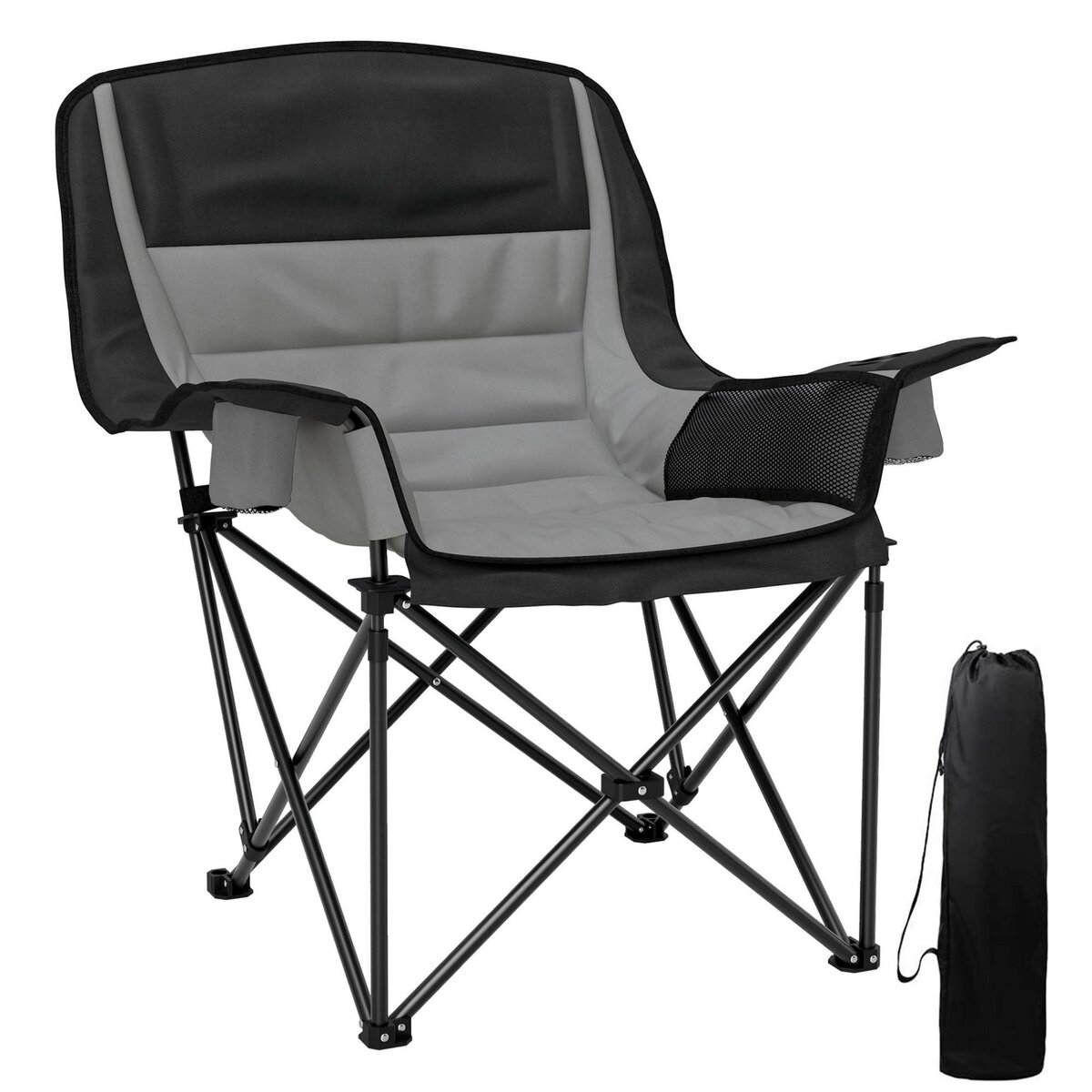 OUTSUNNY Chaise de camping pliante rembourrée - porte-gobelets, poches latérales rangement - sac transport inclus - gris noir