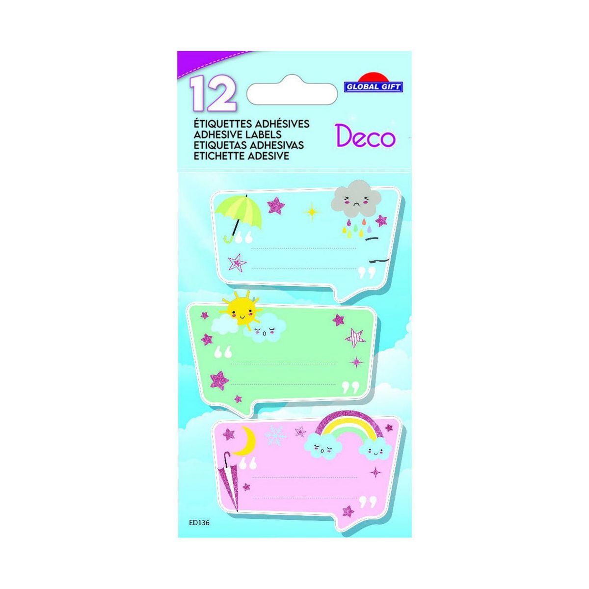 GLOBAL GIFT 12 étiquettes adhésives scolaires - Rectangle - Météo - Paillettes