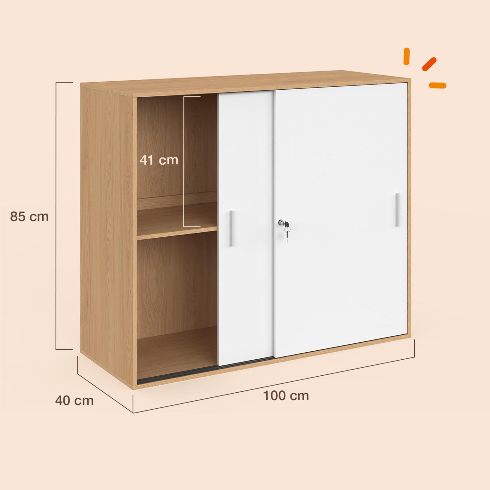 Voir la diapositive 4 : ID MARKET Armoire basse de bureau 2 portes coulissantes verrouillables MARIA façon hêtre et blanc