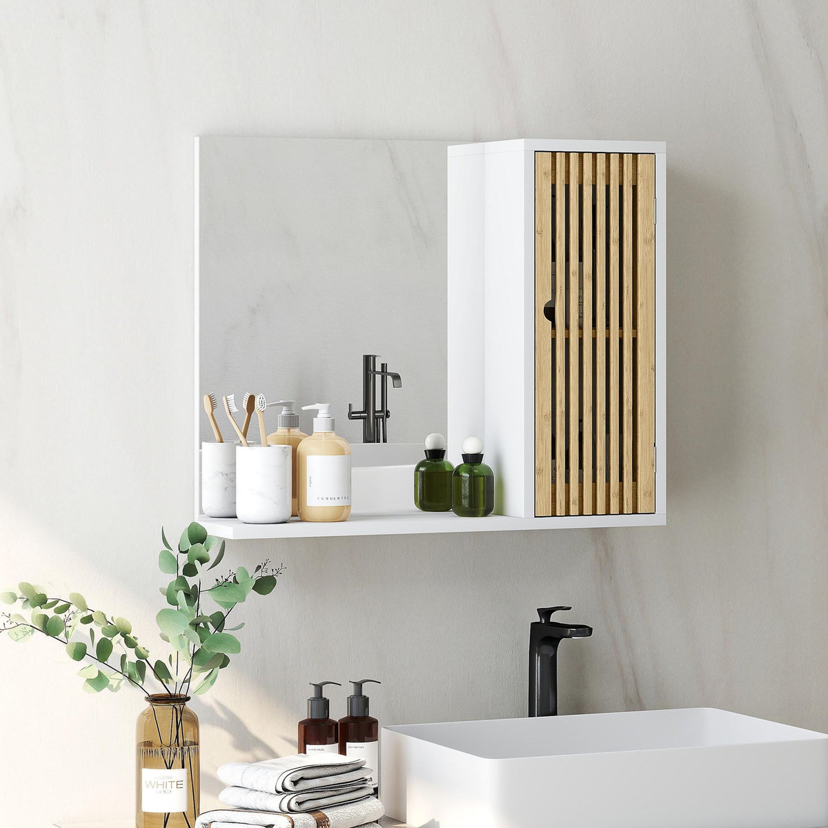 HOMCOM Miroir étagère style cosy - armoire miroir salle de bain 1 porte - bambou blanc