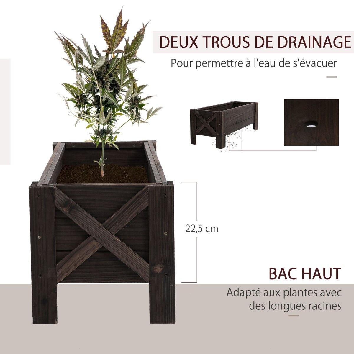 OUTSUNNY Jardinière sur pieds bac à fleurs dim. 100L x 36l x 36H cm inserts d'irrigation inclus bois massif sapin traité