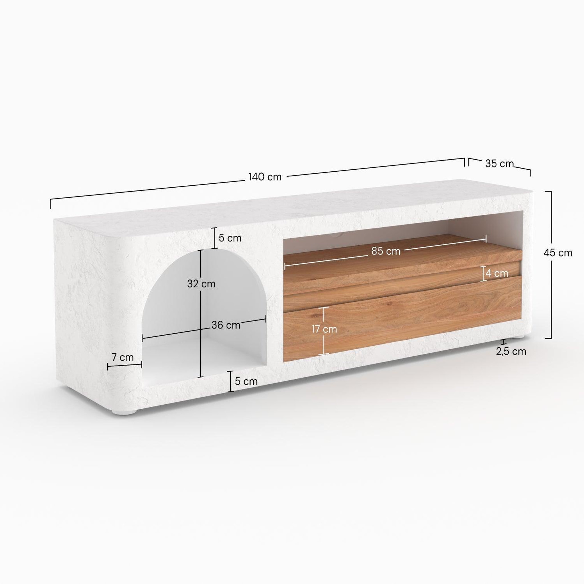 Voir la diapositive 4 : MAISON PAVANE Meuble tv en plâtre blanc cassé 140 cm avec tiroir-fira
