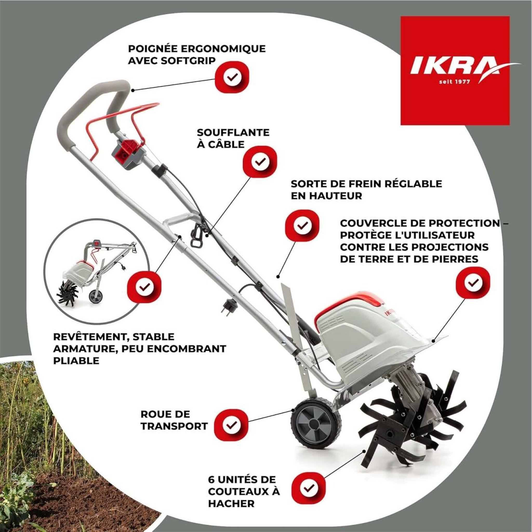 Voir la diapositive 6 : Ikra Motobineuse électrique 1500w largeur de travail 17-45cm 6 fraises - profondeur de travail 23cm préparation sol jardin ikra