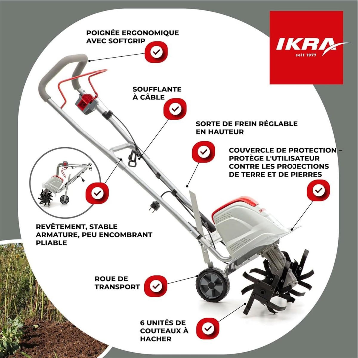 Ikra Motobineuse électrique 1500W Largeur de travail 17-45cm 6 fraises - Profondeur de travail 23cm Préparation sol jardin IKRA