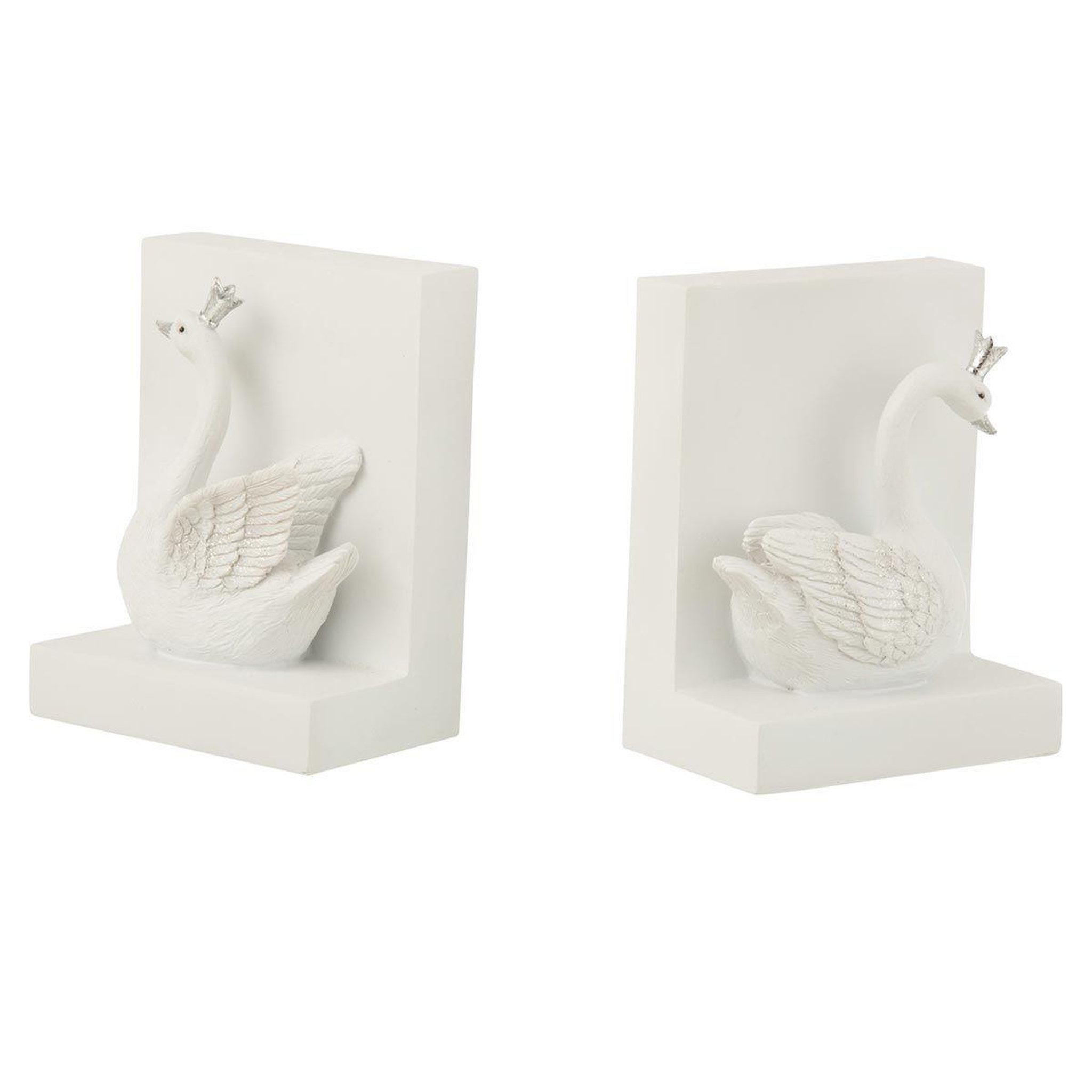 Voir la diapositive 1 : J-LINE Lot de 2 serre-livres  cygne  14cm blanc & argent