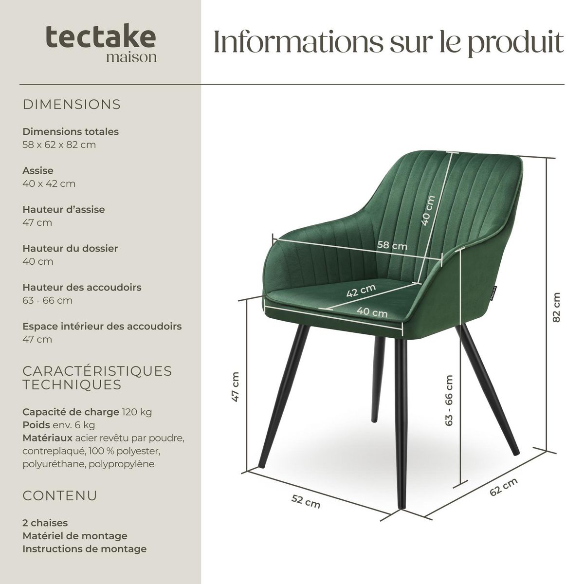 tectake Chaise de salle à manger en velours matelassée et capitonnée vert foncé/noir Lot de 2