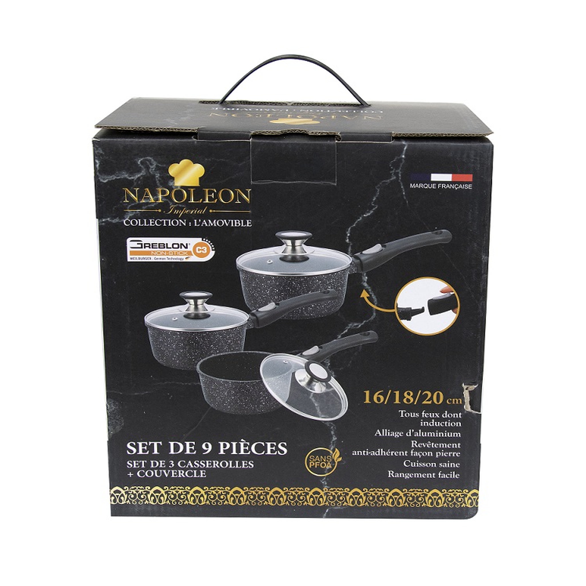 Voir la diapositive 2 : NAPOLEON Set de 3 casseroles induction 9 pièces fonte d'aluminium amovible