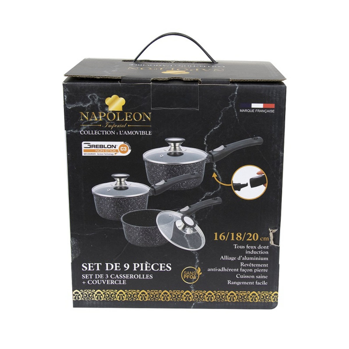 NAPOLEON Set de 3 casseroles induction 9 pièces fonte d'aluminium amovible
