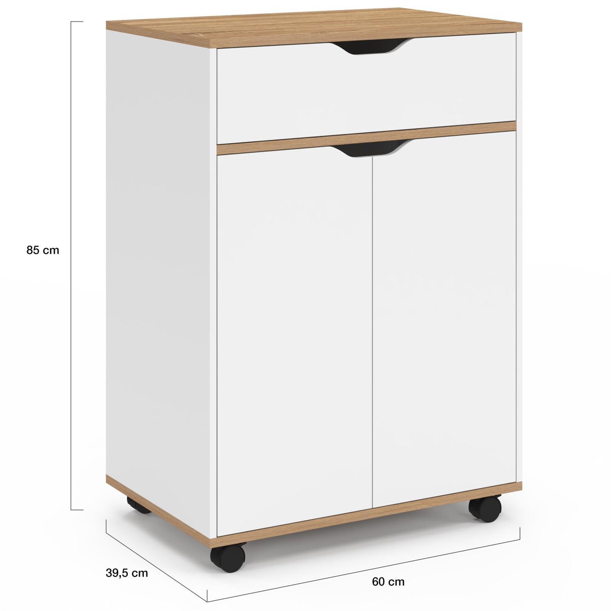 Voir la diapositive 5 : ID MARKET Desserte de cuisine cosy placard avec tiroir bois blanc et plateaux façon hêtre l.60 cm
