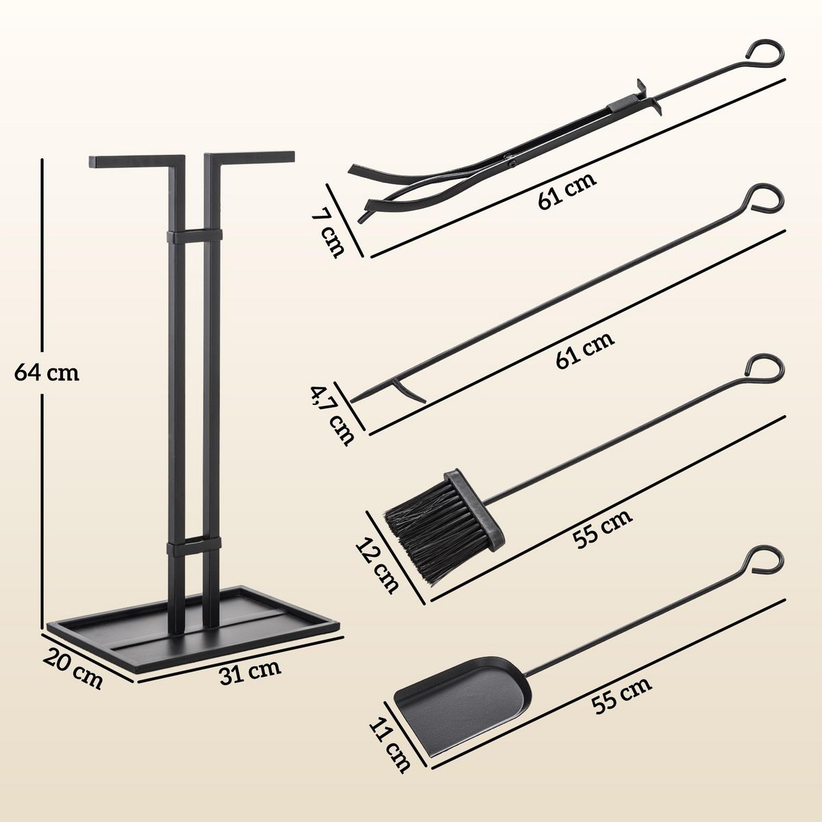 OUTSUNNY Serviteur de cheminée moderne 5 pièces - balai, pelle, pince, tisonnier, support - métal noir