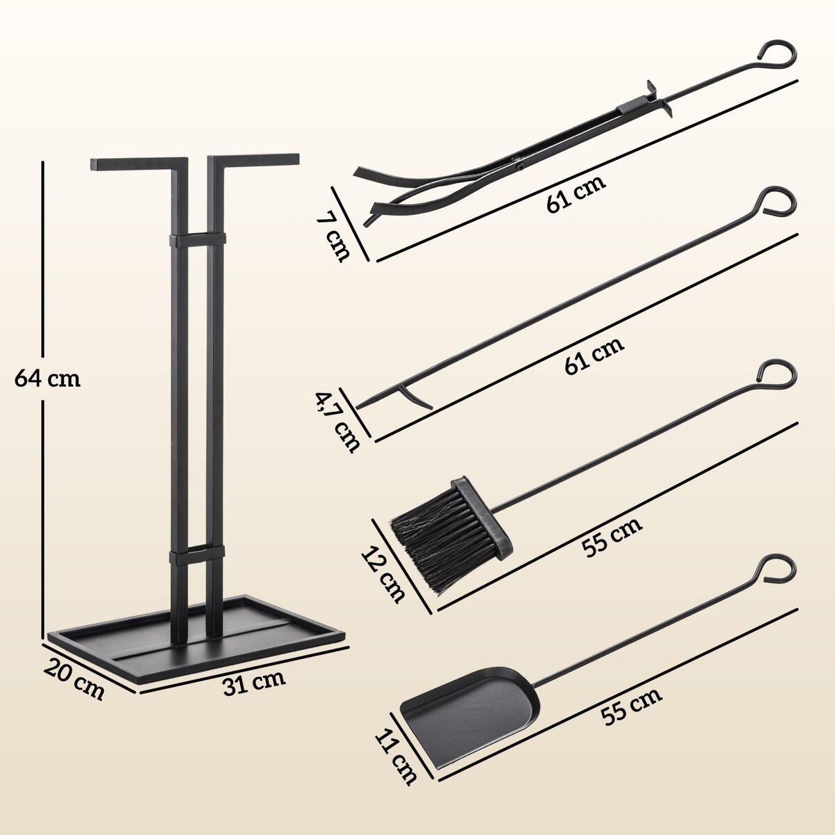 OUTSUNNY Serviteur de cheminée moderne 5 pièces - balai, pelle, pince, tisonnier, support - métal noir