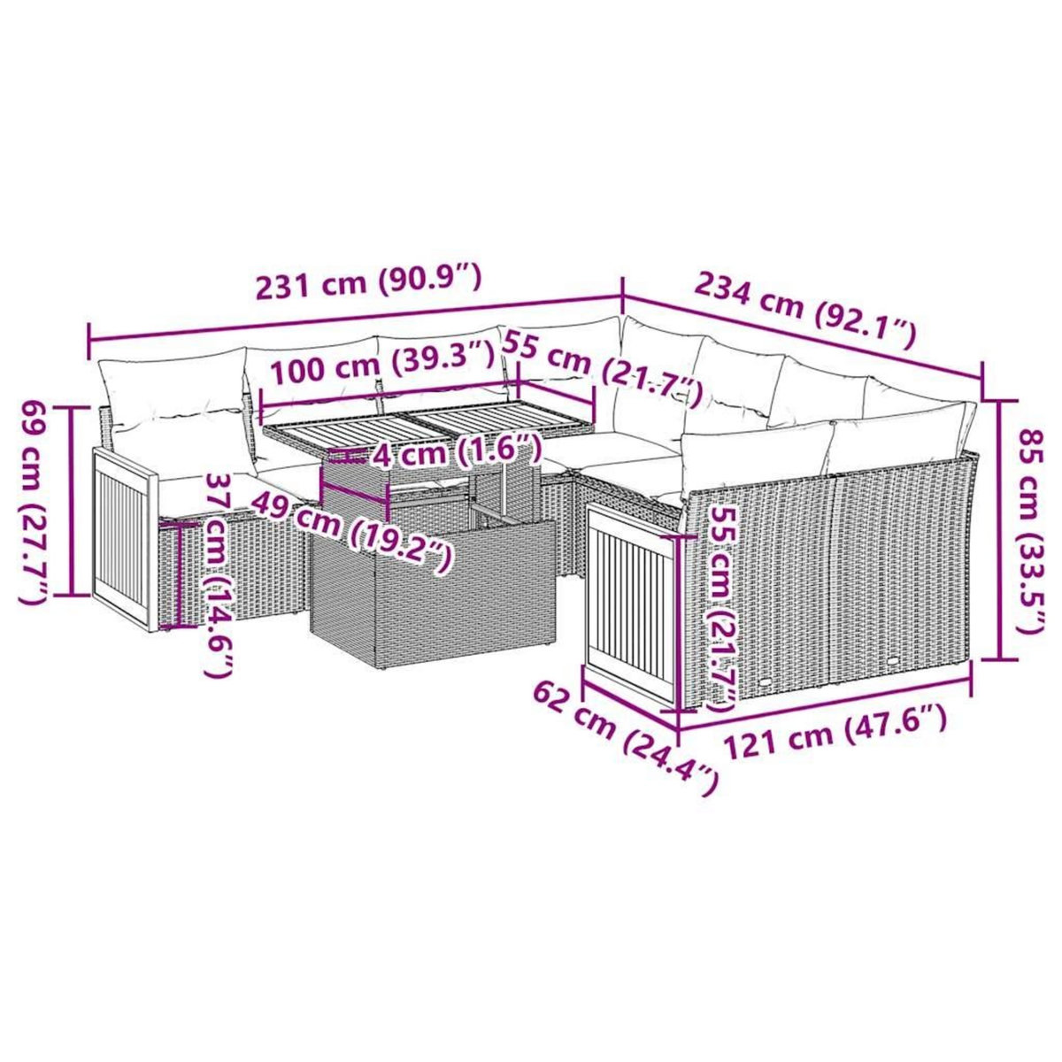 VIDAXL Salon de jardin avec coussins 9 pcs noir resine tressee acacia