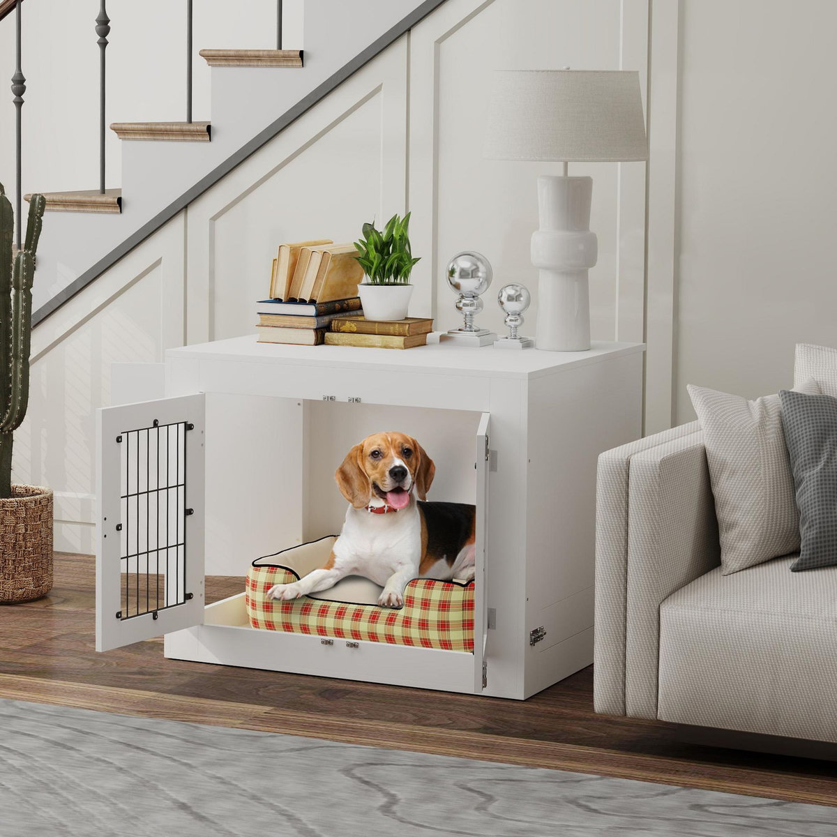 PAWHUT Cage chien intérieure - 2 portes - 2 bols rotatifs 360° - 80 x 60 x 63 cm - blanc