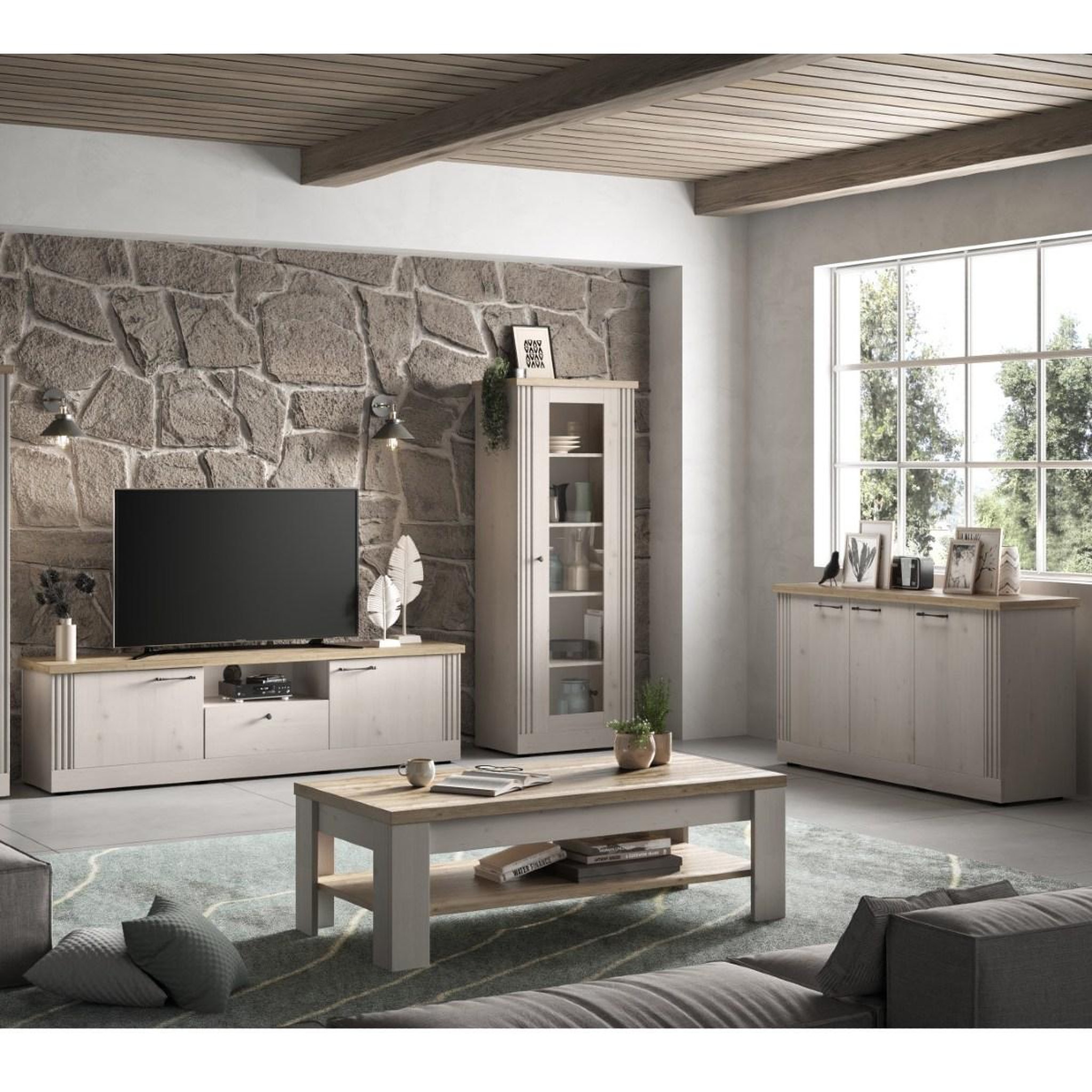 Voir la diapositive 4 : JLC KREATION Buffet moderne 3 portes coloris chêne naturel yanis