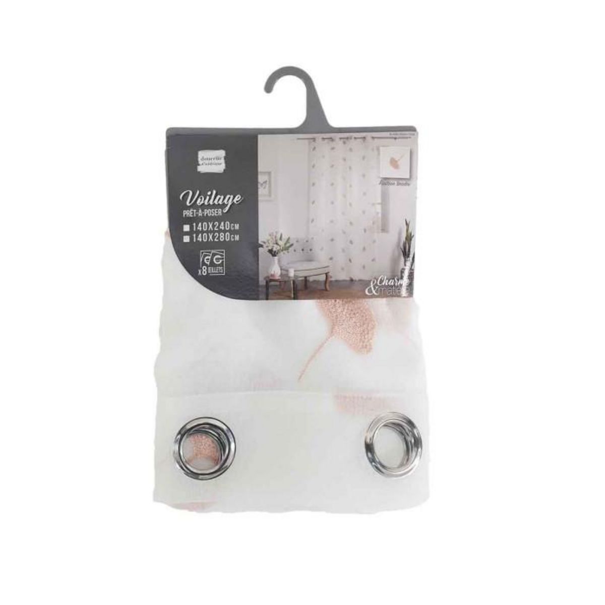 Paris Prix Rideau Voilage à Œillets  Ariella  140x280cm Blanc & Rose