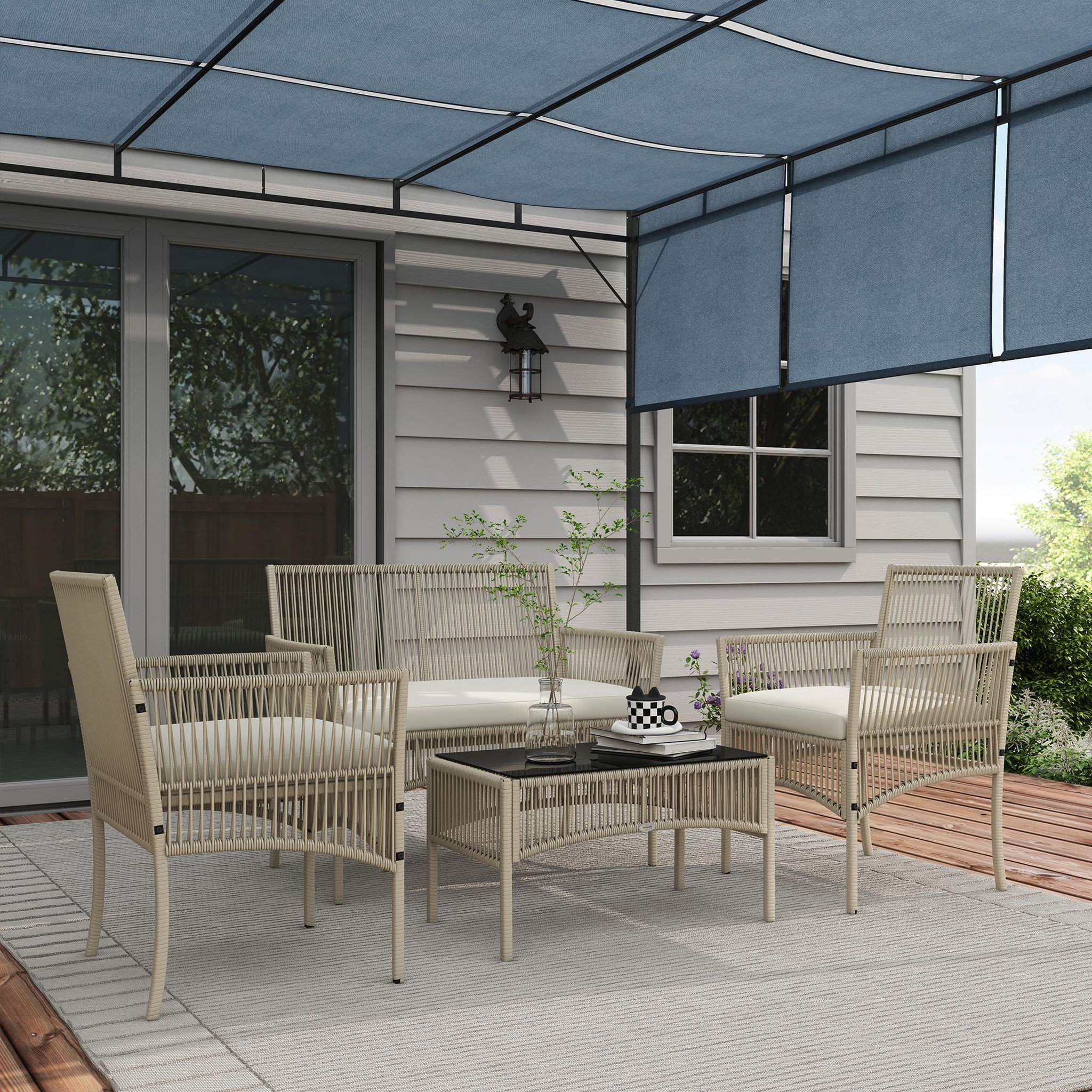 Voir la diapositive 4 : OUTSUNNY Salon de jardin 4 places 4 pièces style colonial table basse coussins inclus résine tressée filée aspect rotin taupe clair