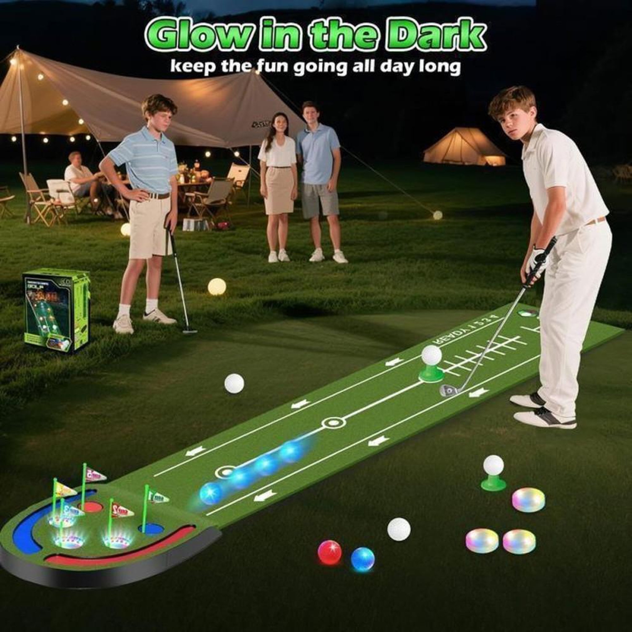 Voir la diapositive 3 : Tapis de putting LED 2,4 m avec 5 trous lumineux, balles LED et 2 clubs réglables en hauteur