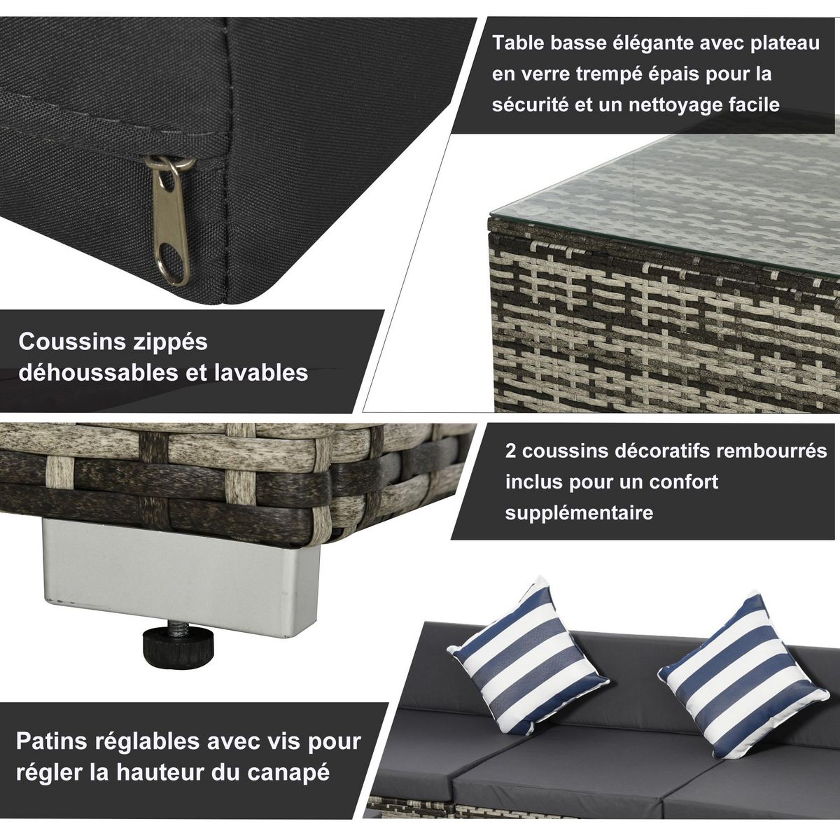 OUTSUNNY Ensemble salon de jardin 4 places 5 pièces coussins zippés déhoussables polyester résine tressée gris