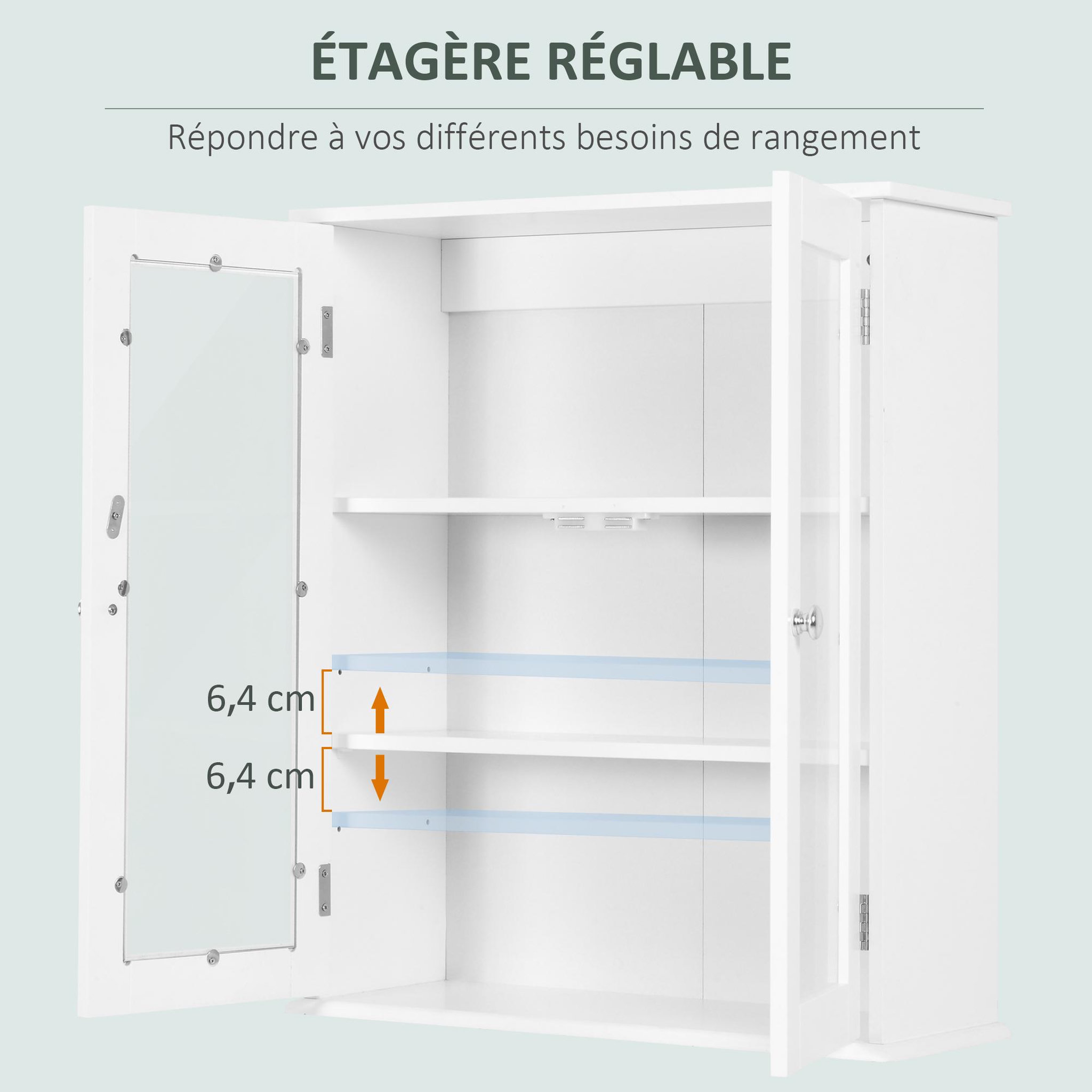 Voir la diapositive 5 : KLEANKIN Armoire murale salle de bain 2 portes vitrées 2 étagères 55 x 20 x 65 cm blanc