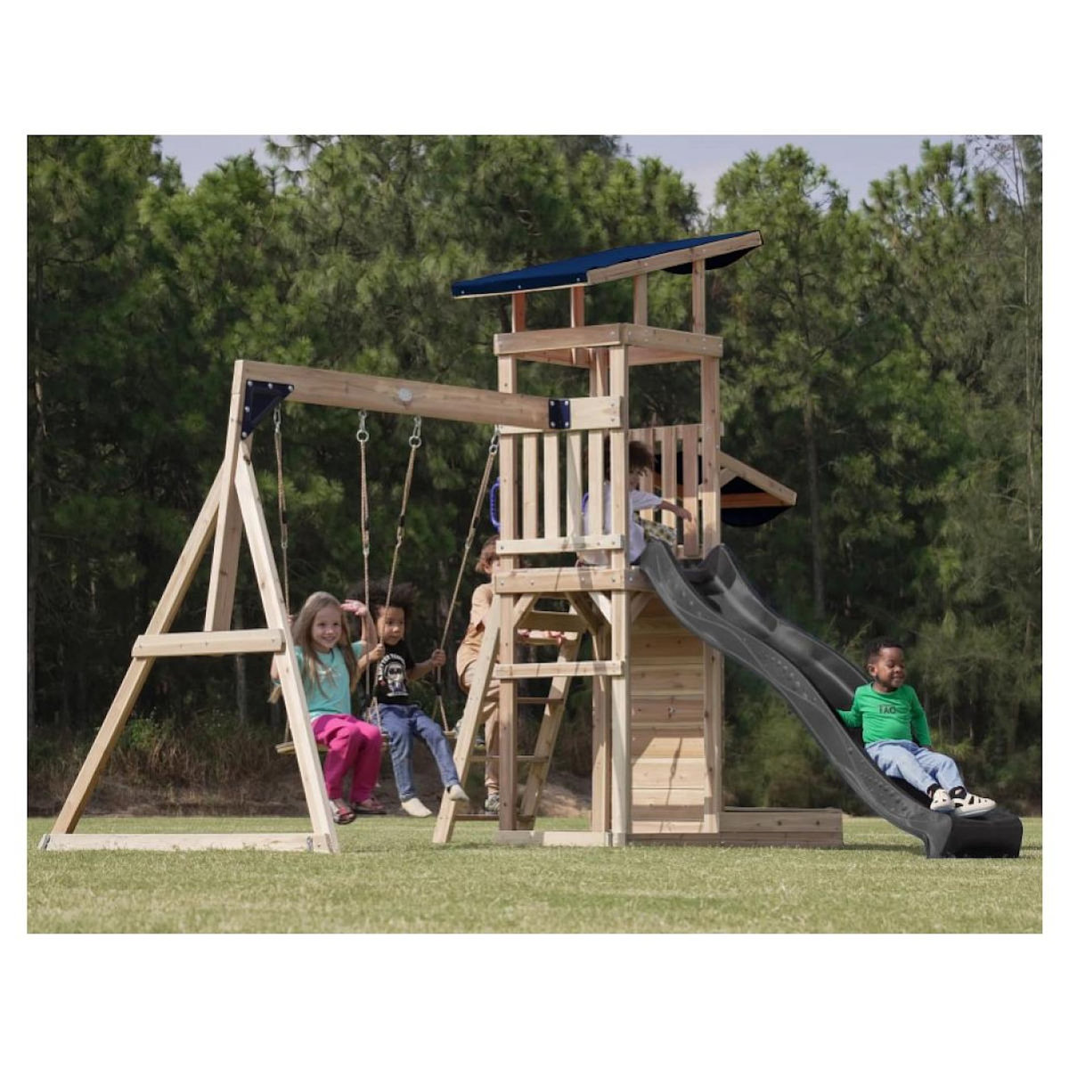 Axi House Portique Malik 2 balançoires + mur toboggan gris