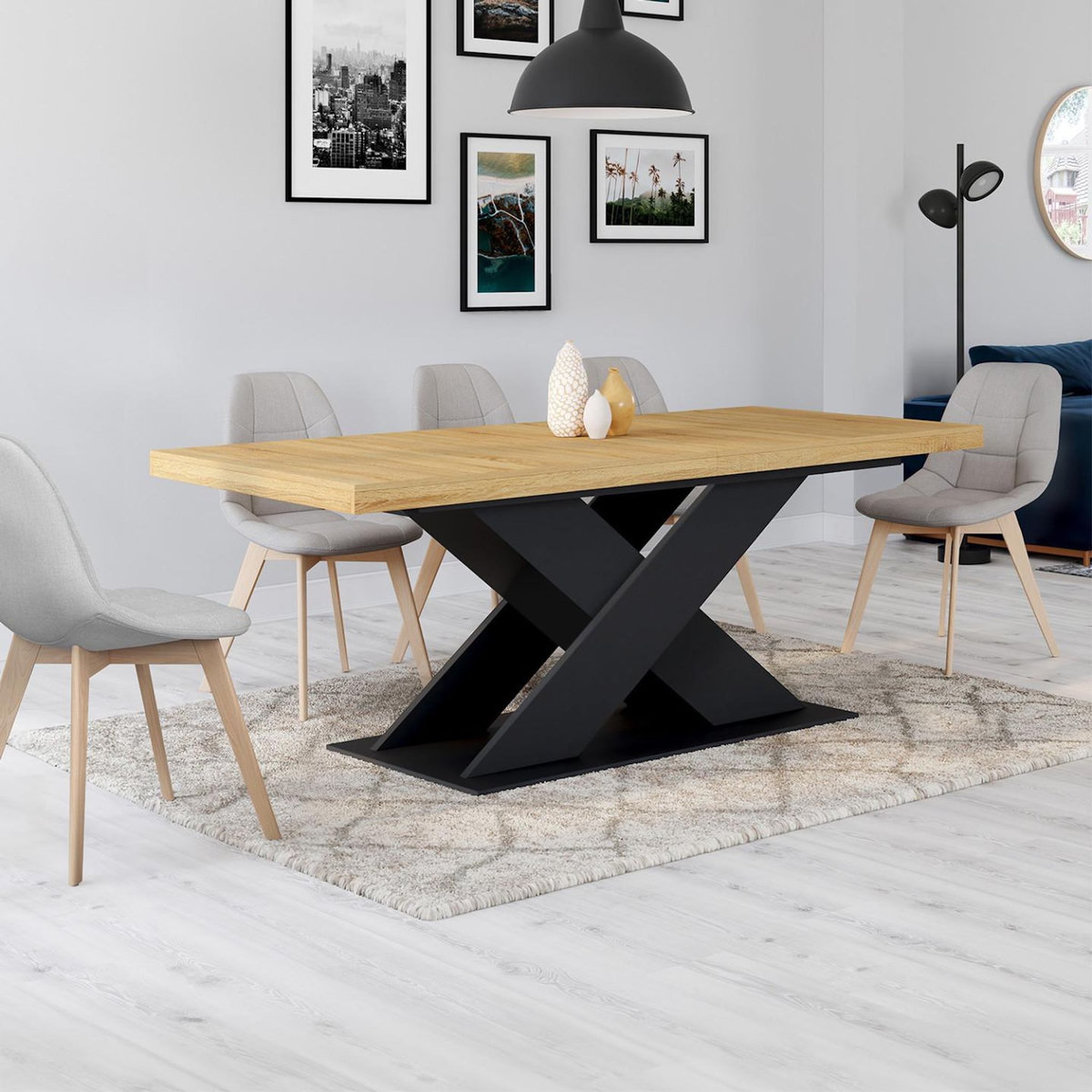 ID MARKET Table à manger extensible rectangle ALICIA 8-12 personnes bois et noir 200-250 cm