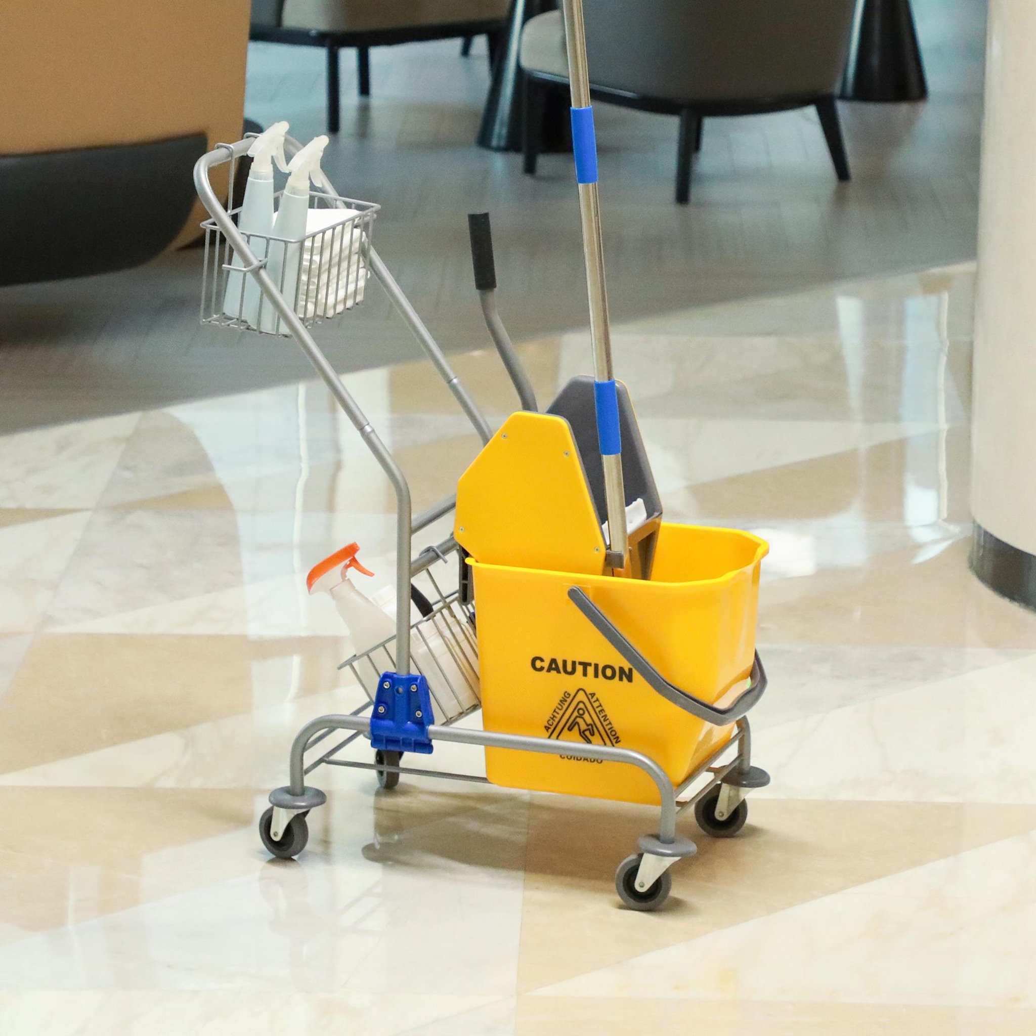 Voir la diapositive 2 : HOMCOM Chariot de lavage chariot de nettoyage professionnel en acier presse à mâchoire seau + rangements jaune