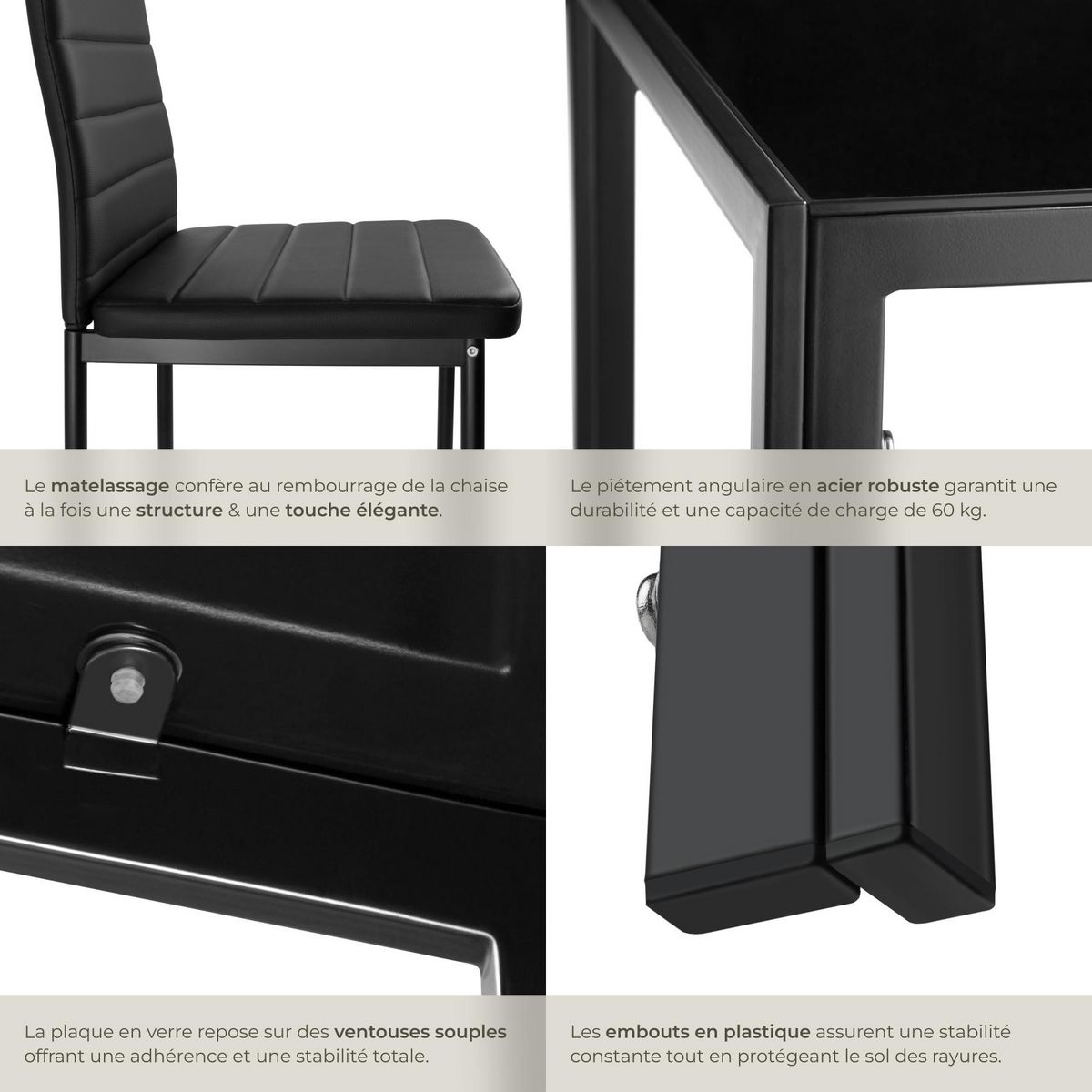 tectake Ensemble table et chaises de salle à manger en acier noir