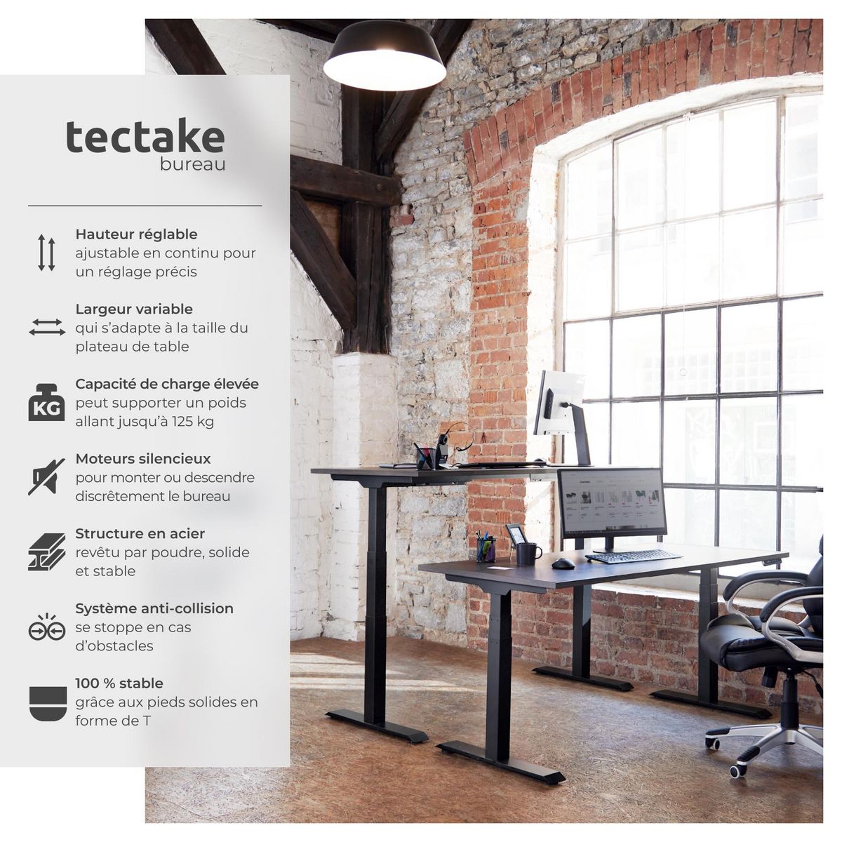tectake Bureau assis debout réglable en hauteur électriquement avec 2 moteurs