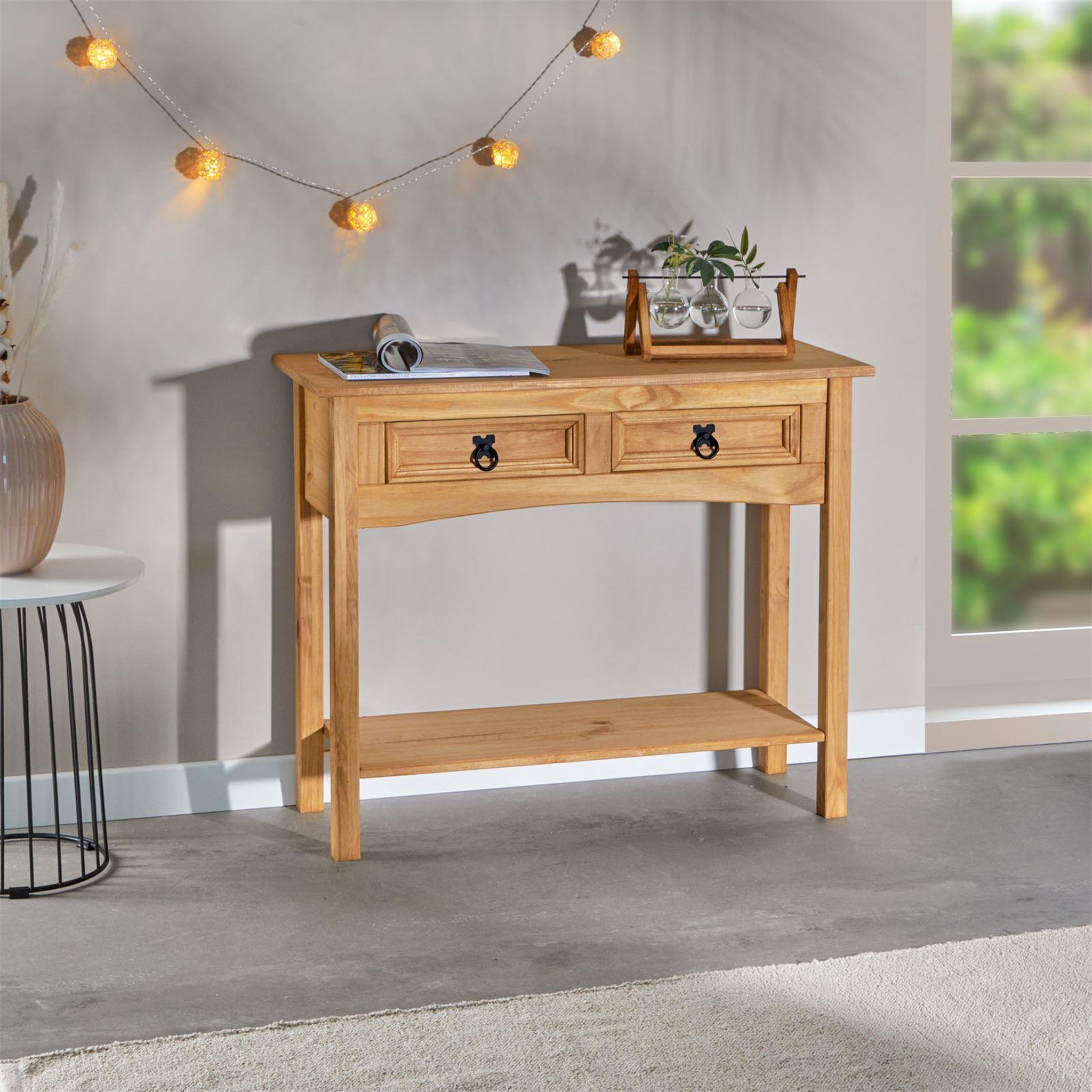 Voir la diapositive 2 : IDIMEX Table console SALSA table d'appoint en bois style mexicain avec 2 tiroirs et 1 étagère, en pin massif finition teintée/cirée