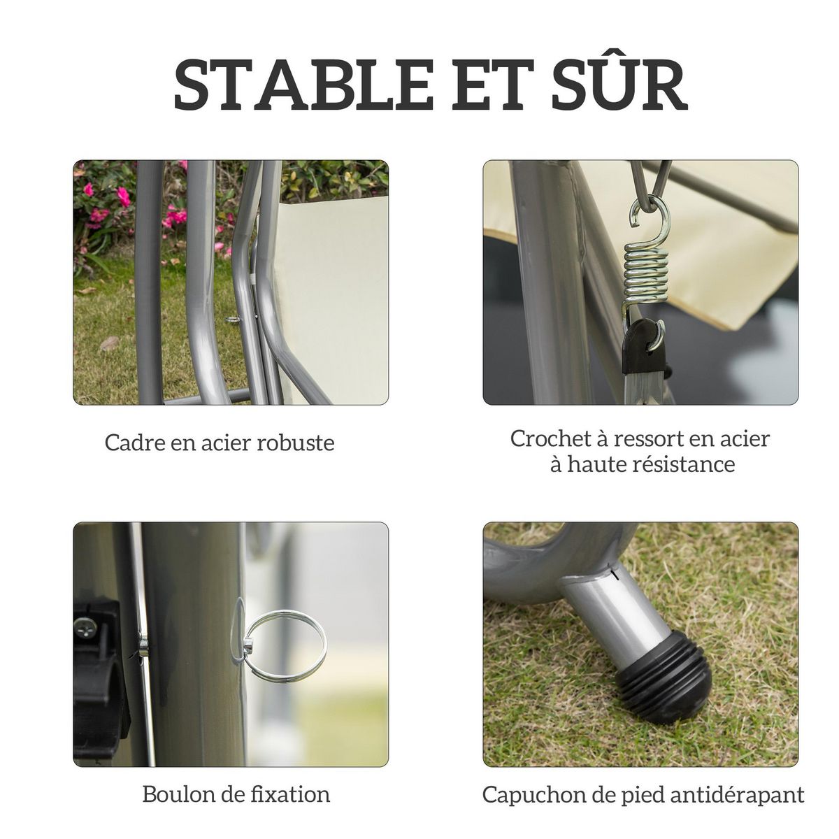 OUTSUNNY Balancelle de jardin 3 places convertible toit inclinaison réglable 2 tablettes support acier époxy gris polyester crème