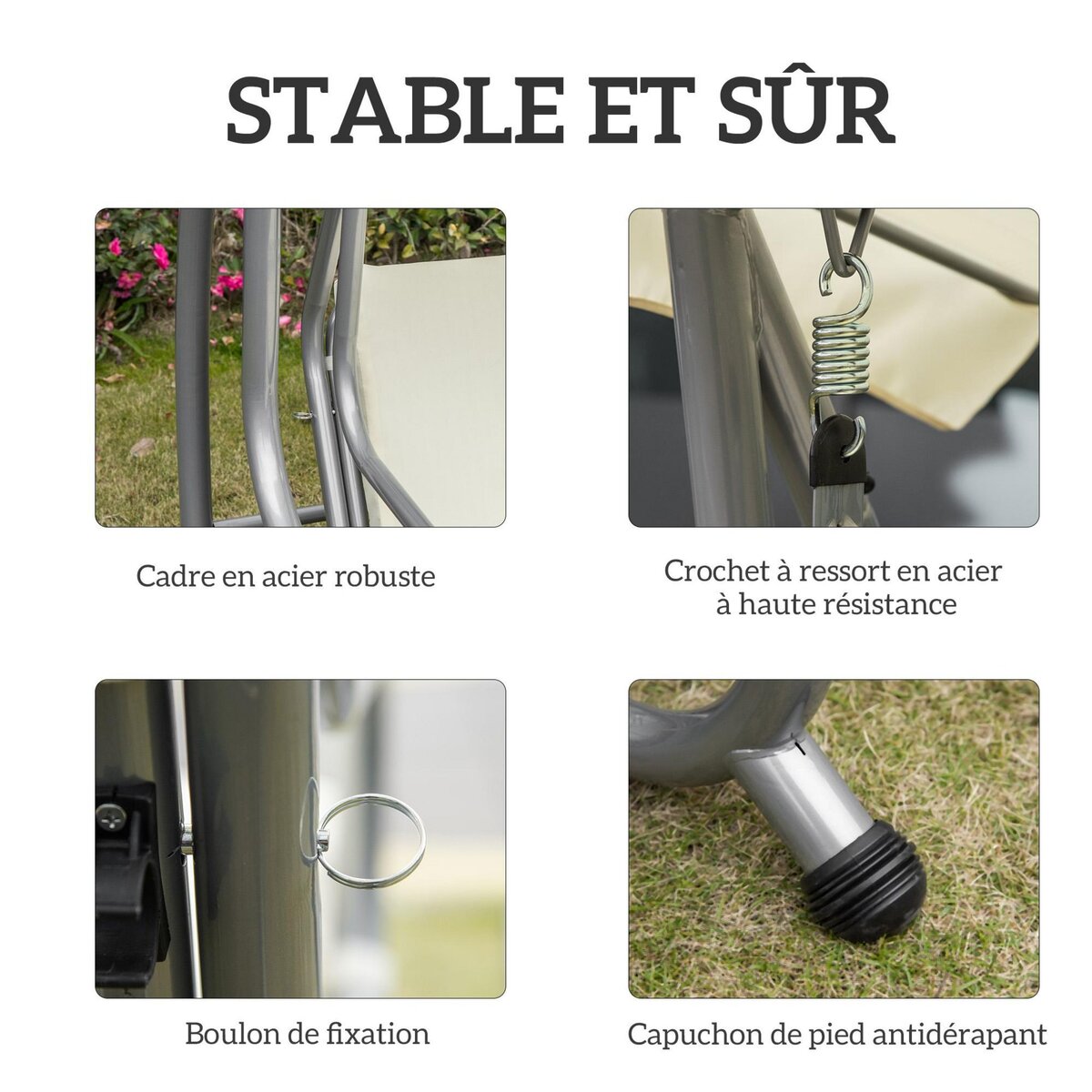 OUTSUNNY Balancelle de jardin 3 places convertible toit inclinaison réglable 2 tablettes support acier époxy gris polyester crème