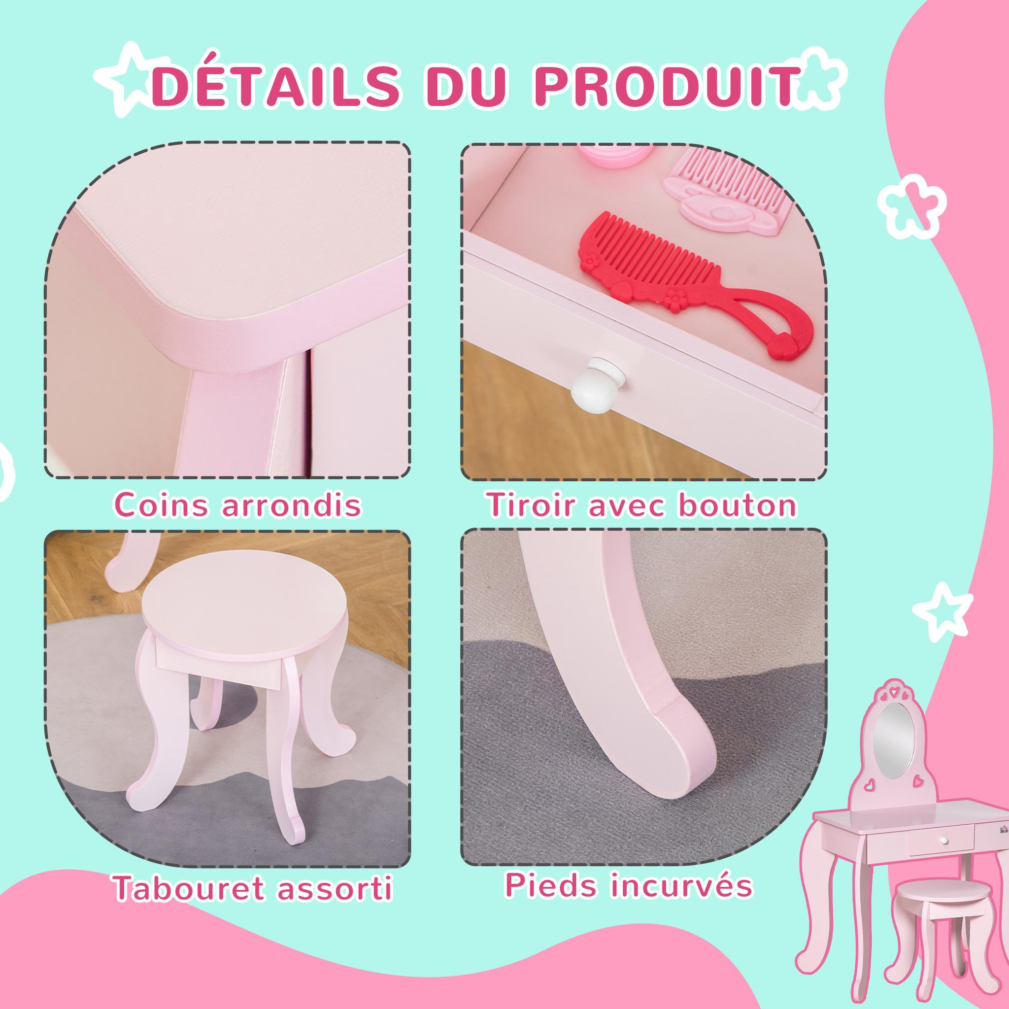 Voir la diapositive 5 : HOMCOM Coiffeuse enfant design girly avec motifs à coeur - tabouret inclus - dim. 60L x 36l x 88H cm - tiroir, miroir - MDF - rose
