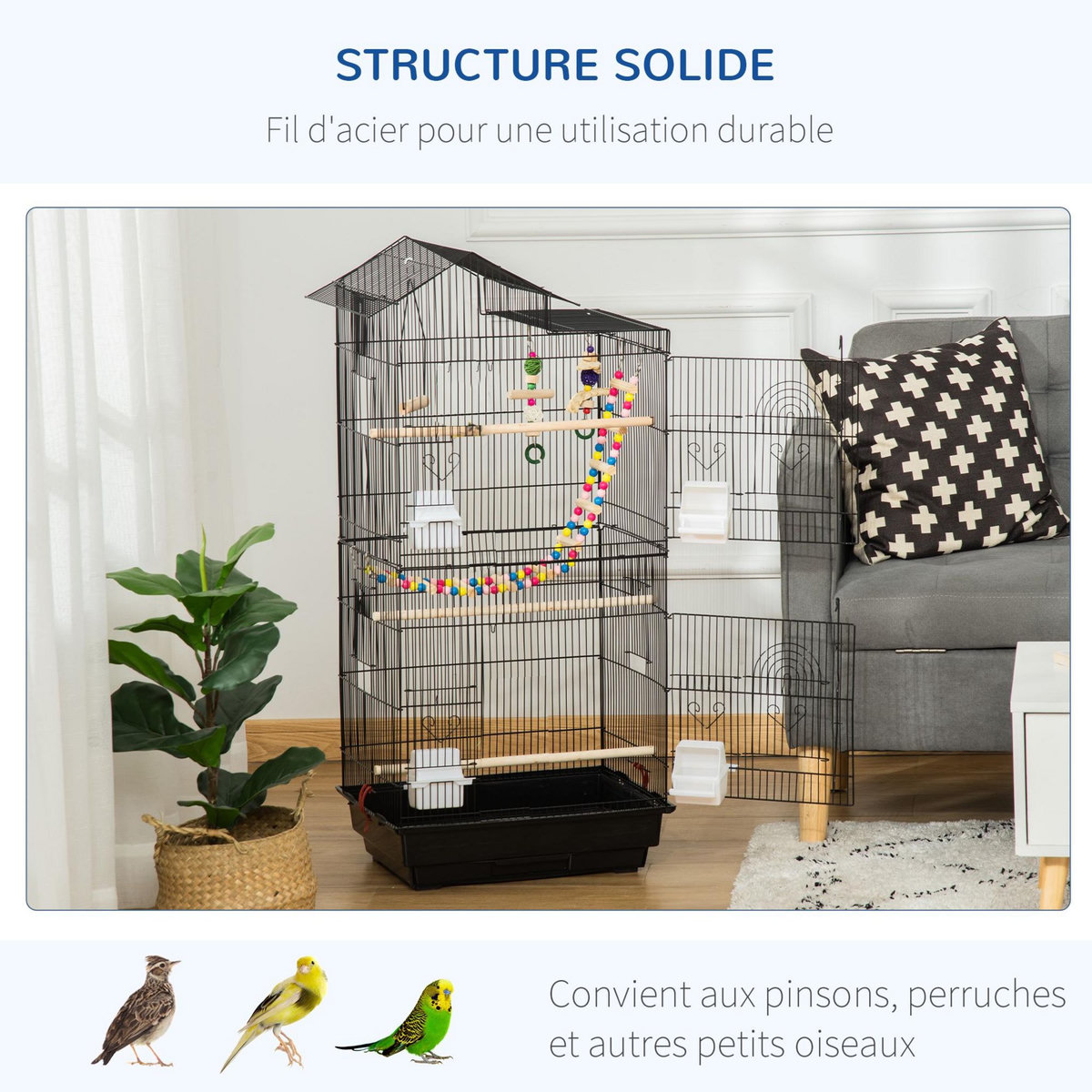 PAWHUT Cage à oiseaux volière dim. 46L x 36l x 100H cm - 4 mangeoires, 3 perchoirs, balançoire, 2 portes, 9 trappes, échelle, 2 jouets suspendus, plateau déjection - PP acier noir