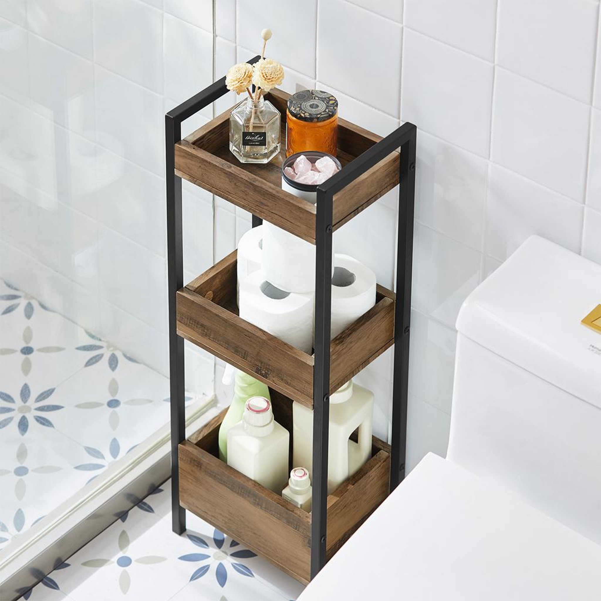 Voir la diapositive 6 : SOBUY SoBuy - Étagère de salle de bain à 2 étagères - Industriel - FRG226