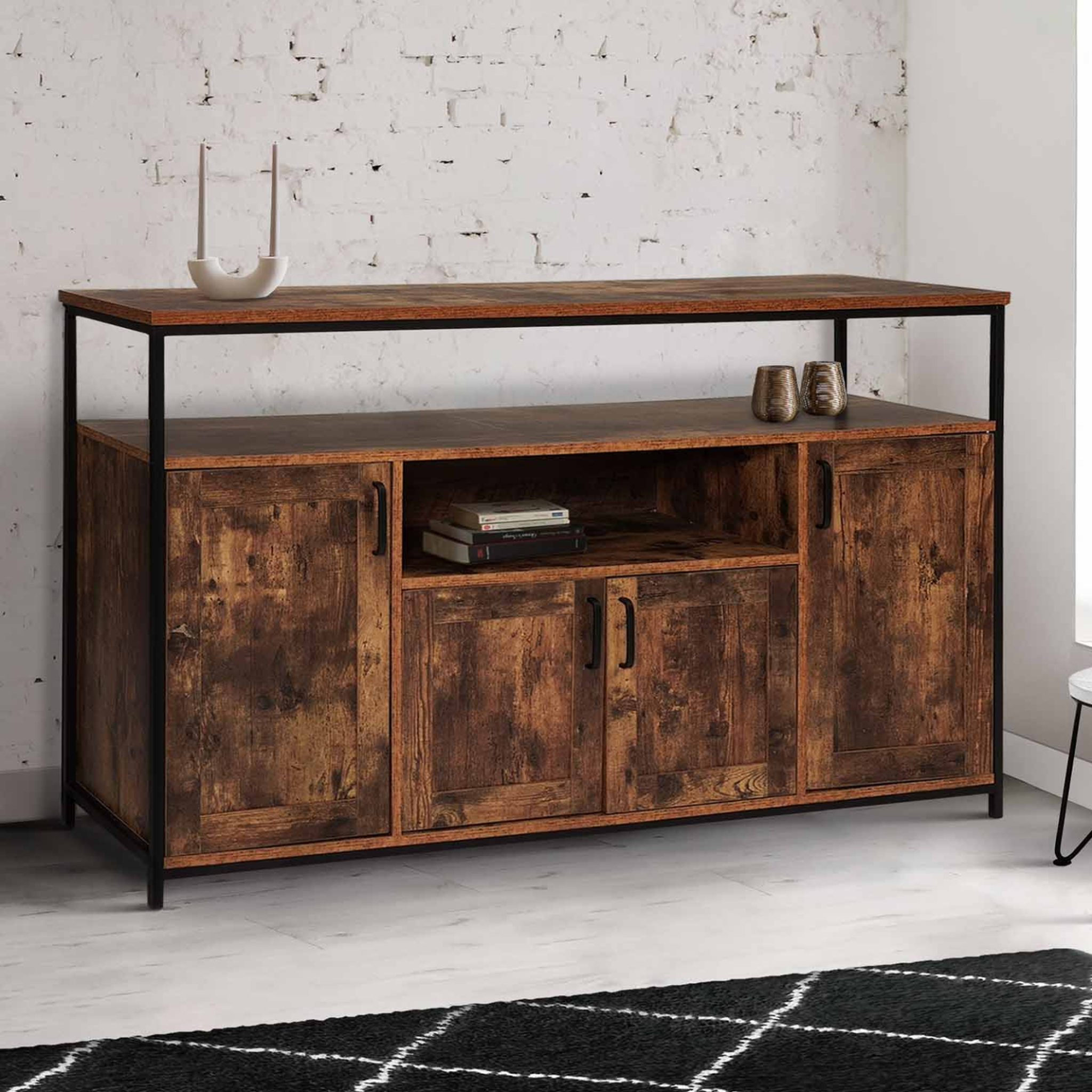 Voir la diapositive 2 : ID MARKET Buffet 140 cm dayton 4 portes avec niche effet vieilli design industriel